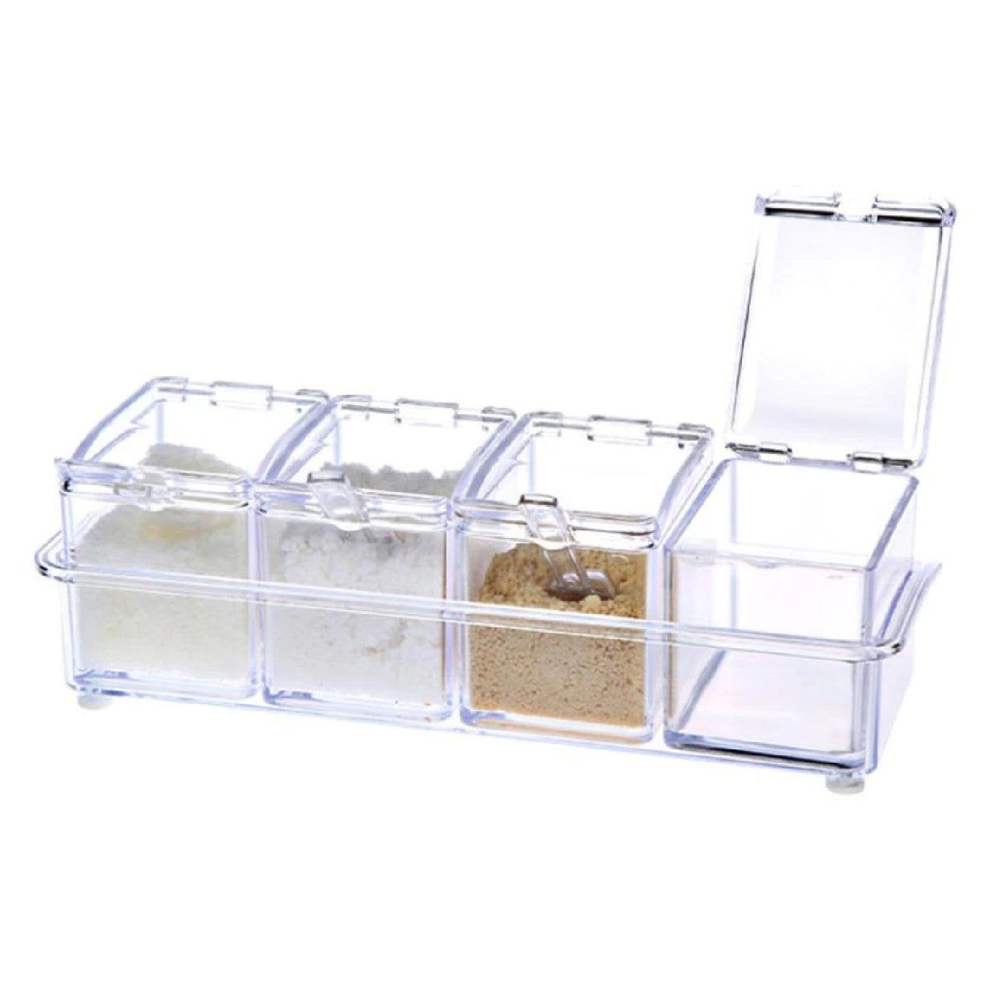 Kitchen counter with a stylish acrylic spice organizer.