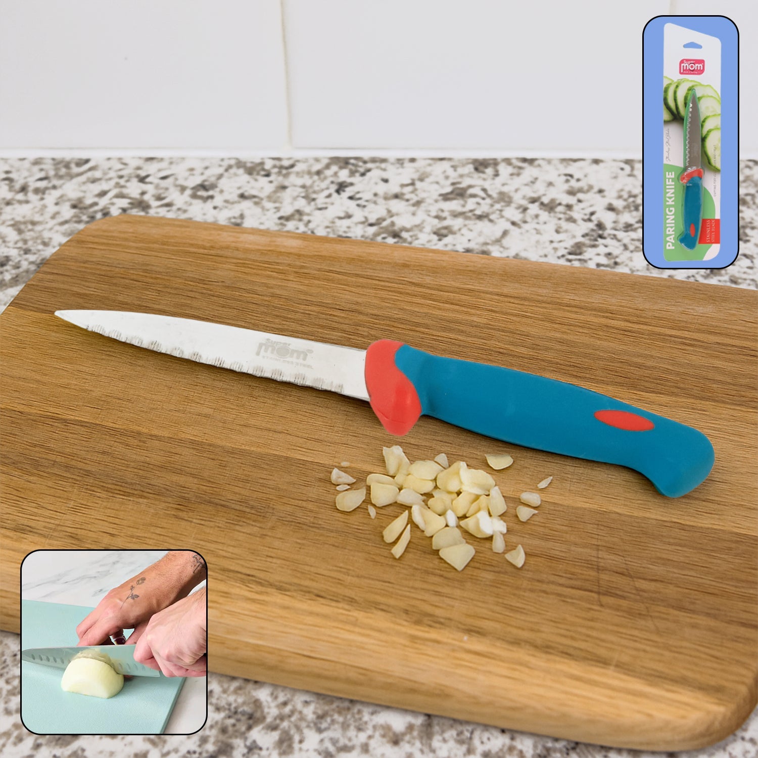 Stainless steel paring knife with anti-slip handle on white background