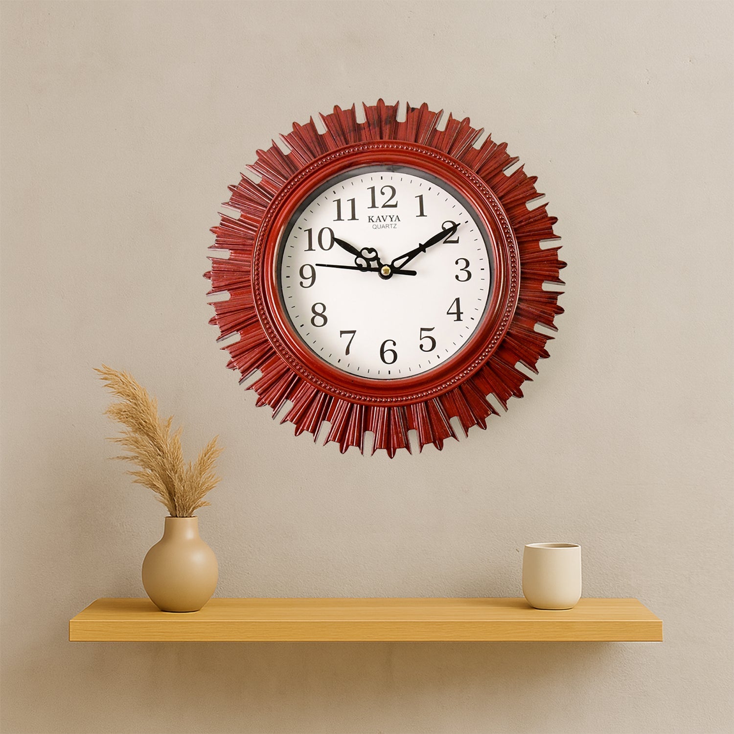 Detailed shot of the easy-to-read clock face with its protective clear cover and silent movement.