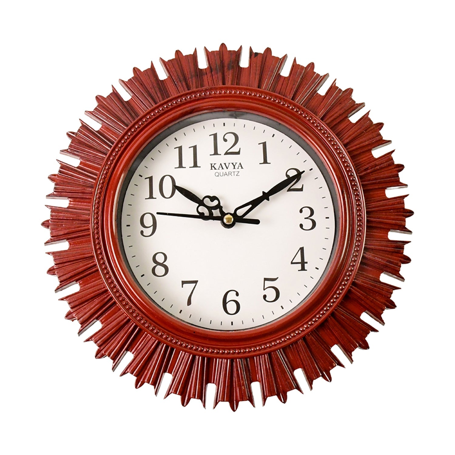 Front view of the battery operated wooden look wall clock, ready to adorn any wall.