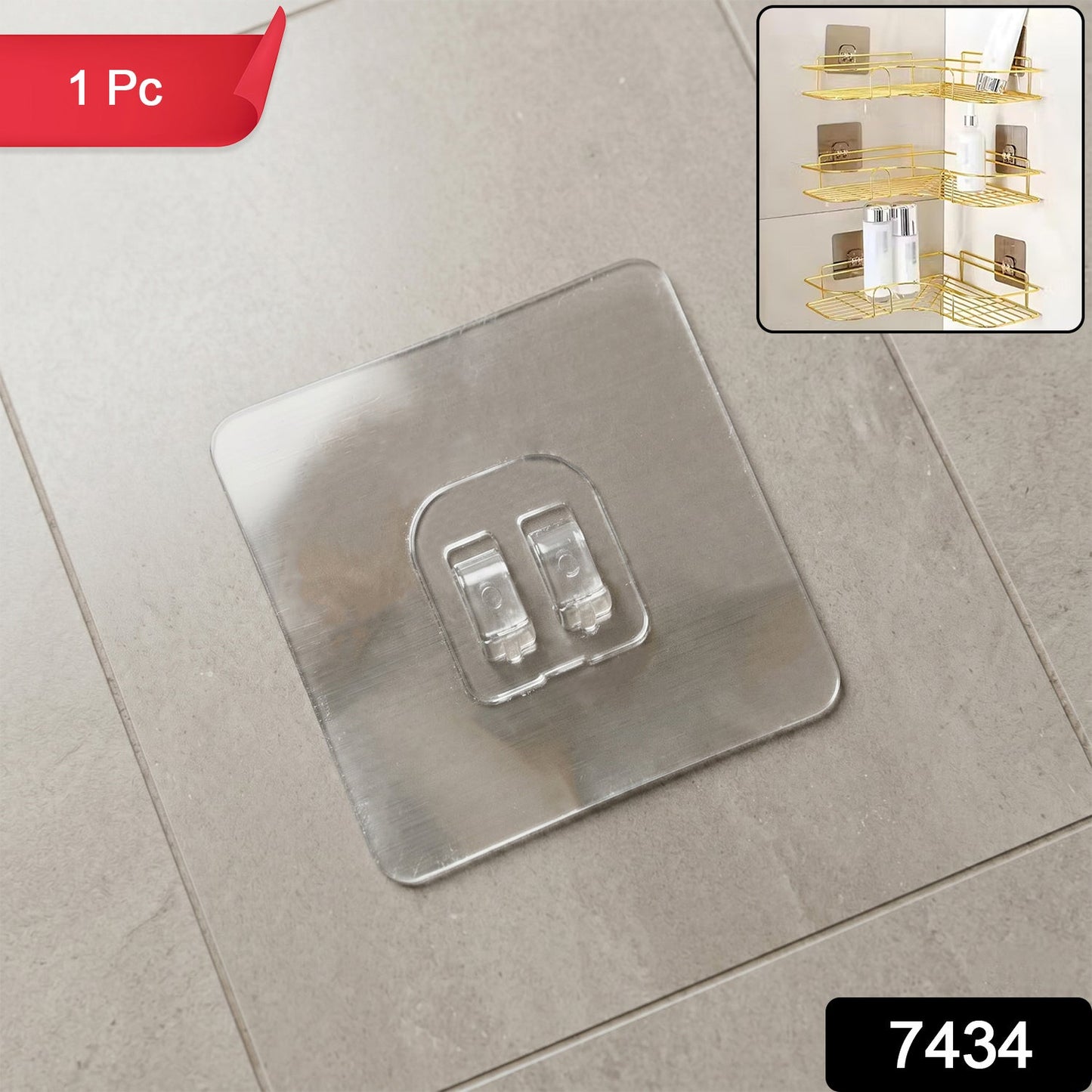 Close-up of the heavy-duty transparent adhesive wall hook showing its strong backing.