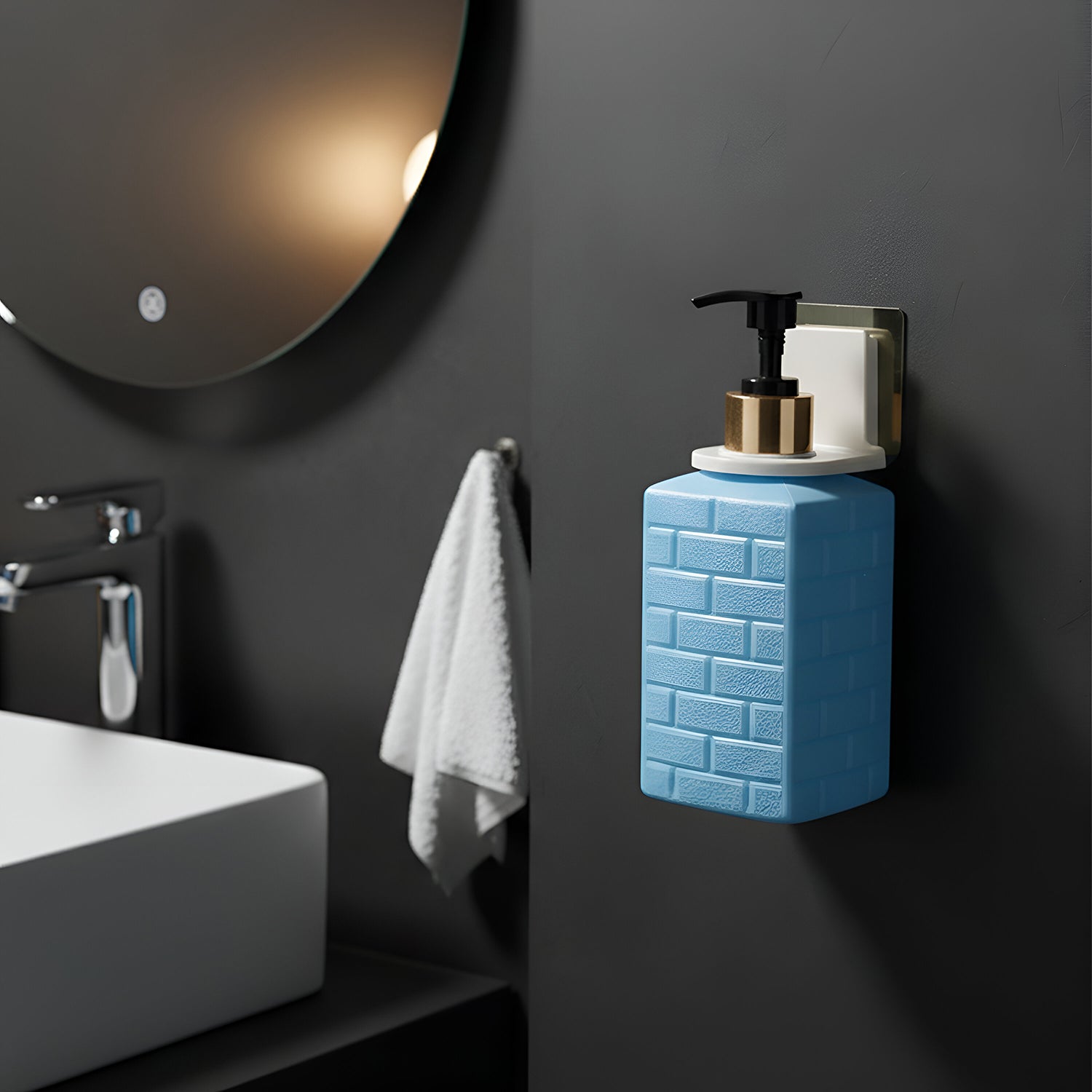 Front view of modern wall-mounted liquid soap dispenser with smooth surface