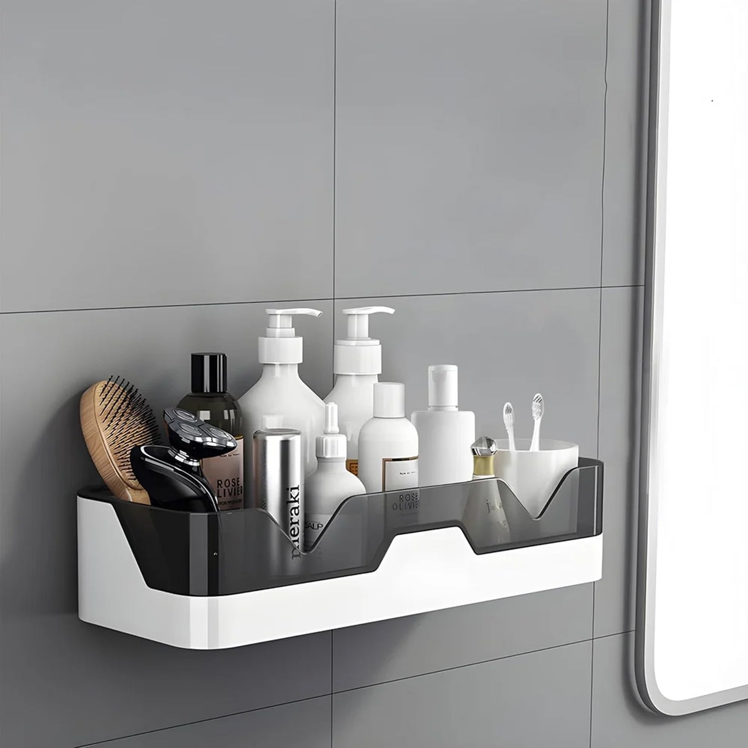 Overview of mounted plastic adhesive storage shelf on wall