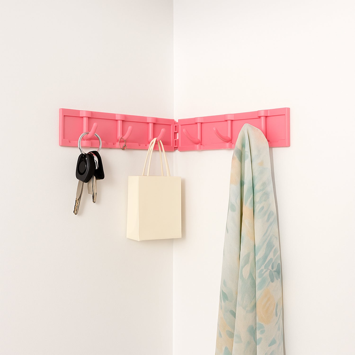 Rotating 6 hook rack showcasing usability in kitchen and bathroom