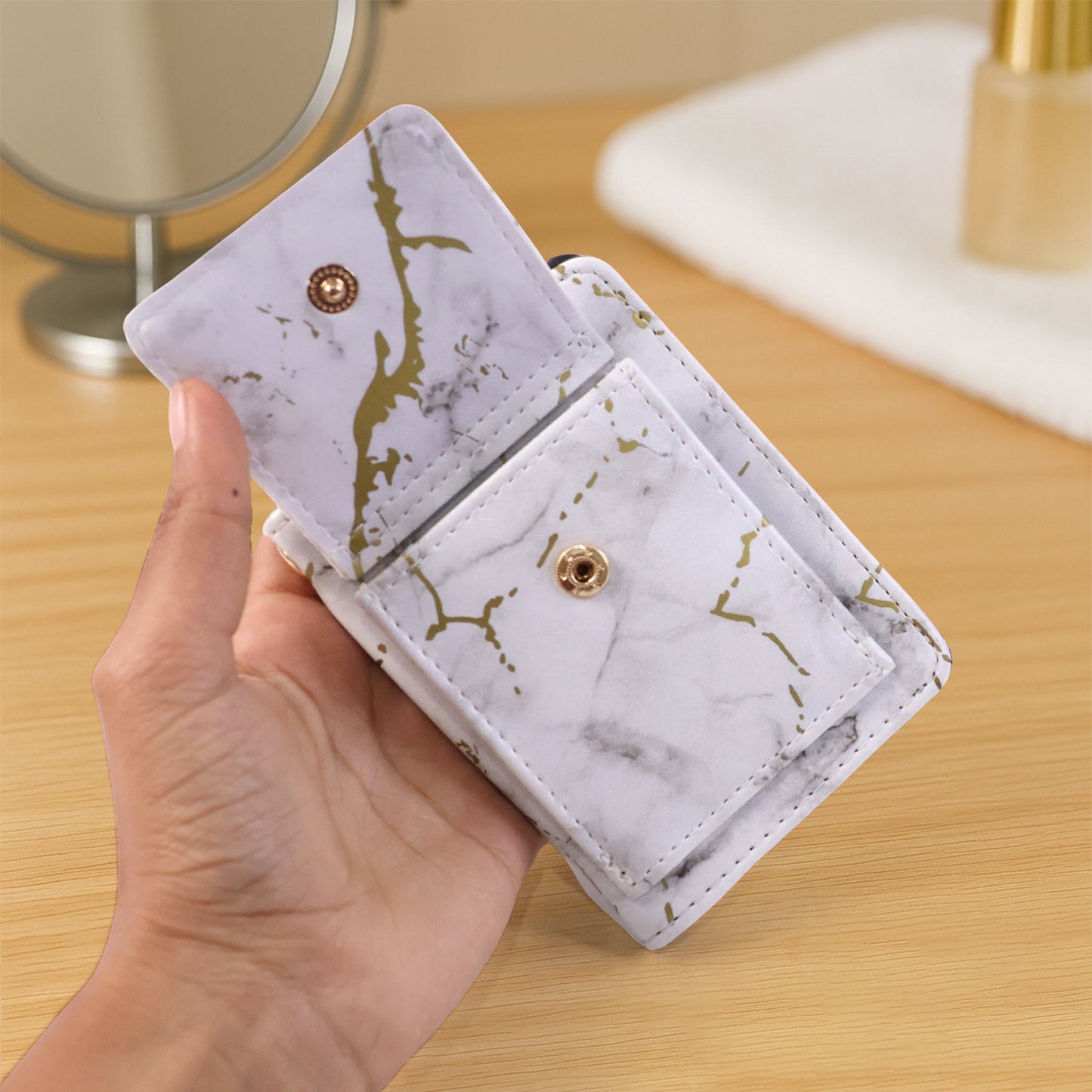 Elegant marble finish card organizer with secure snap button