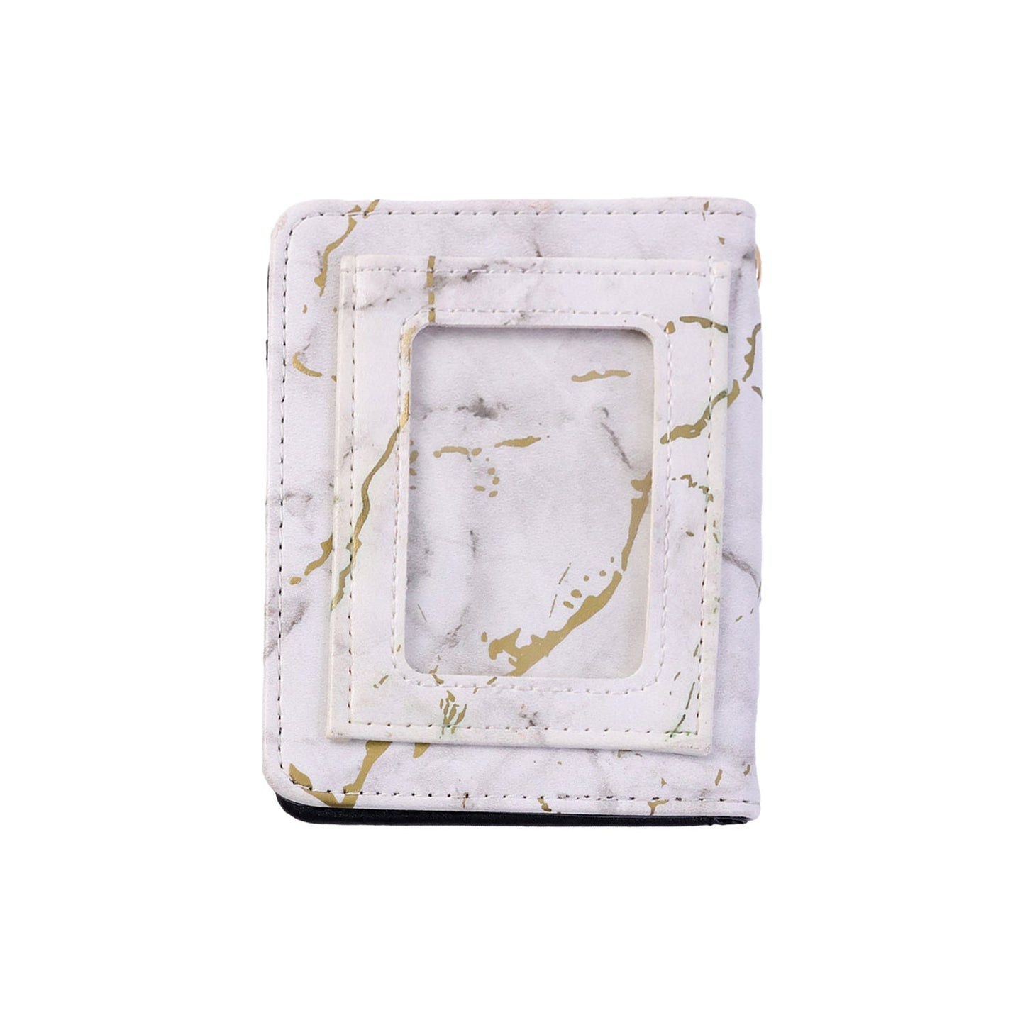 Compact card holder wallet featuring marble texture and snap closure