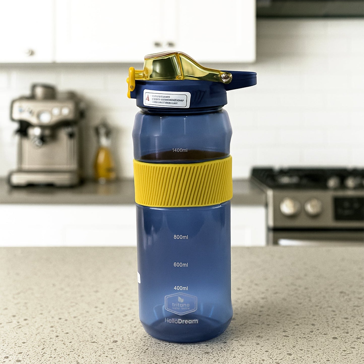 Close-up front of sports water bottle with measurement scale visible