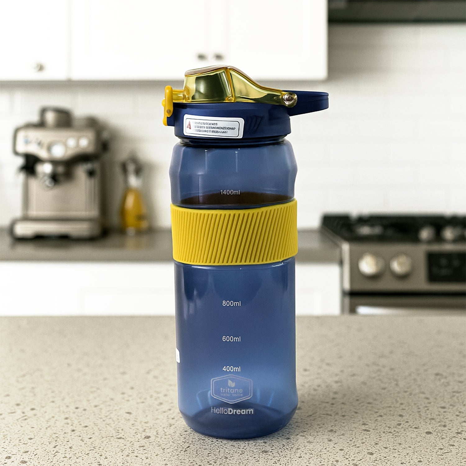 Close-up front of sports water bottle with measurement scale visible