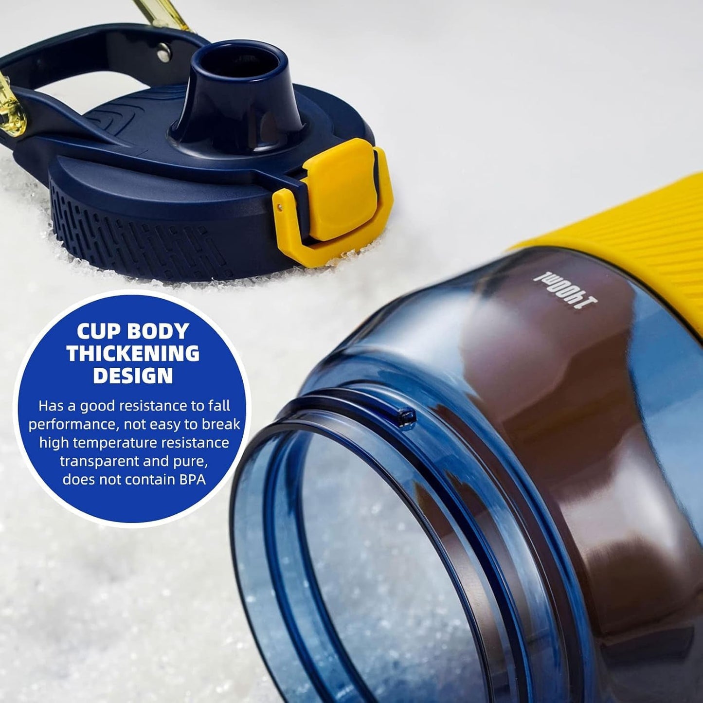 Water bottle angled image highlighting ergonomic grip band for secure hold
