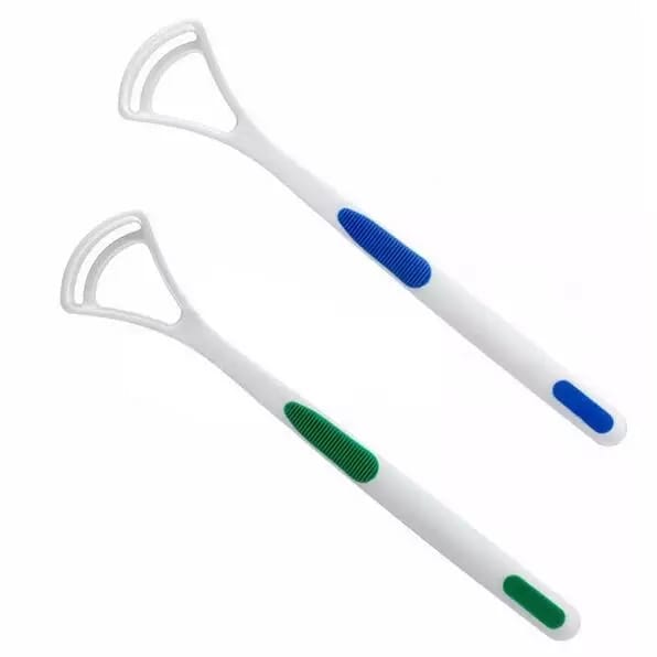Detailed view of the ergonomic design and silica handle of the tongue cleaner.