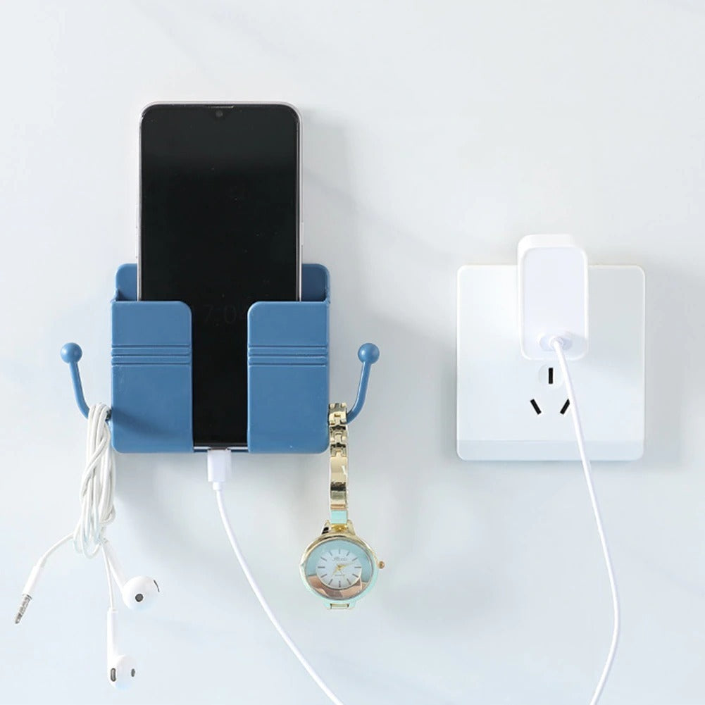 Elegant wall-mounted mobile stand with hook, blending seamlessly into home decor.