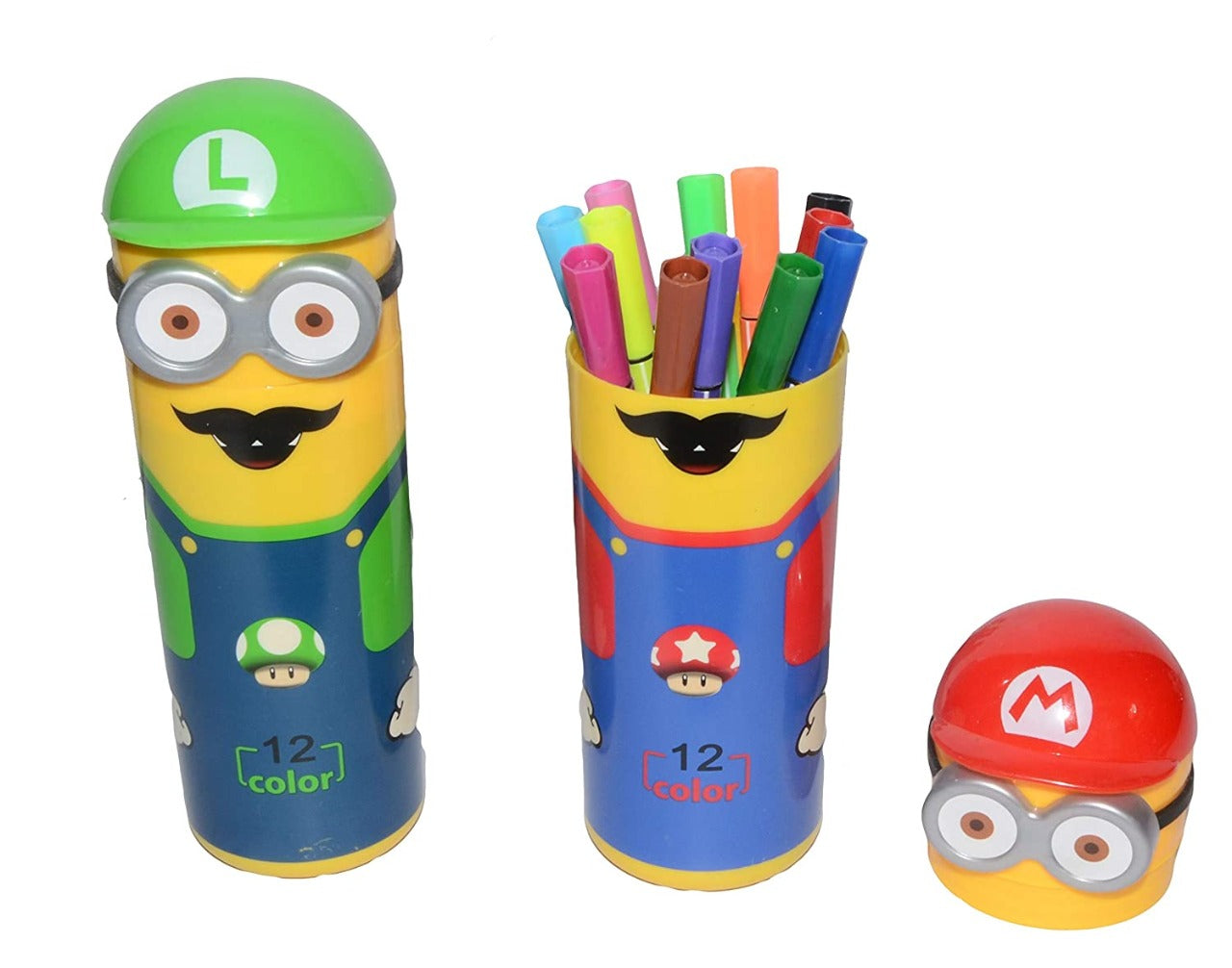 Minions-themed 12-piece sketch pen set opened, displaying the colourful pens.