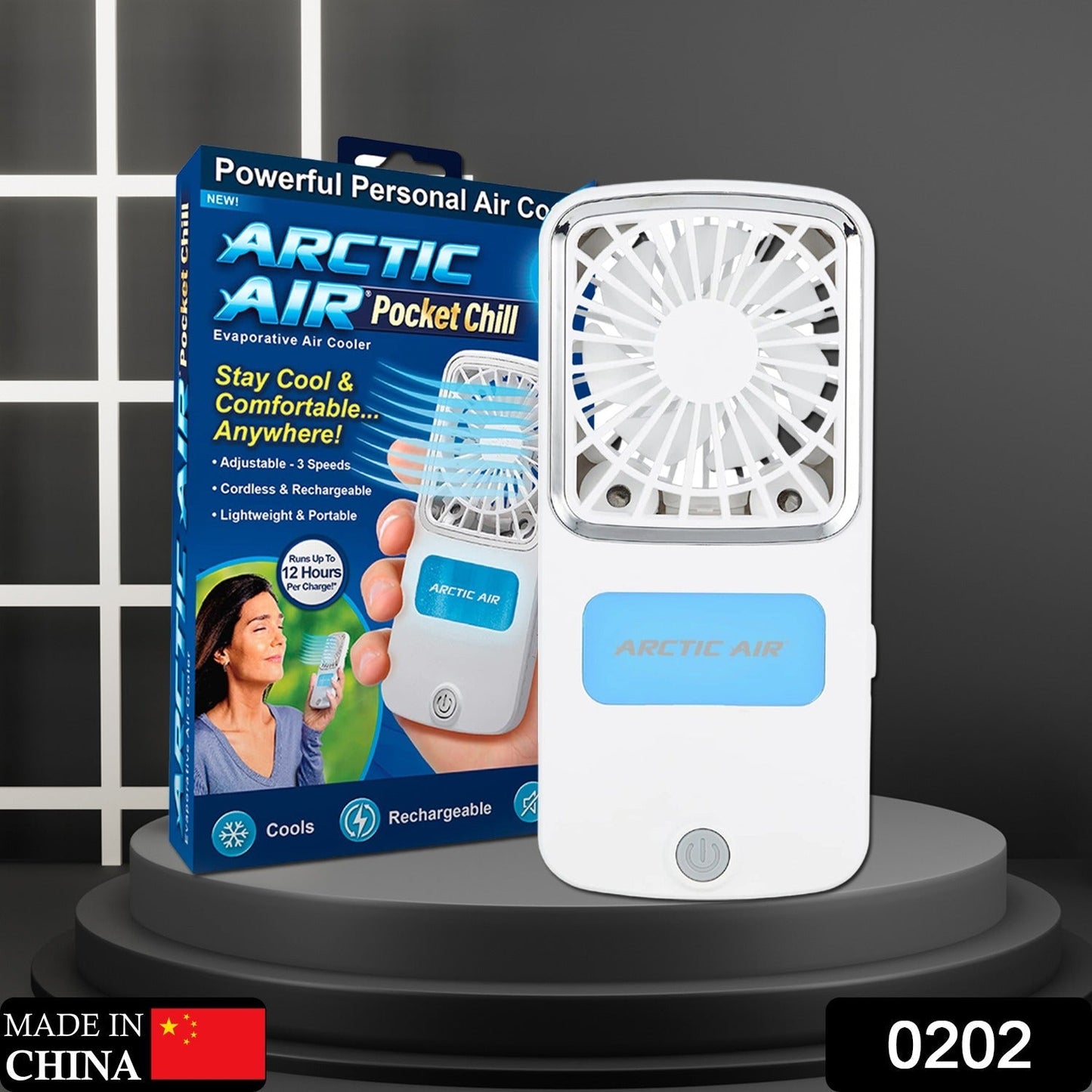 Close-up of the portable personal air cooler showing its sleek design and neck strap.