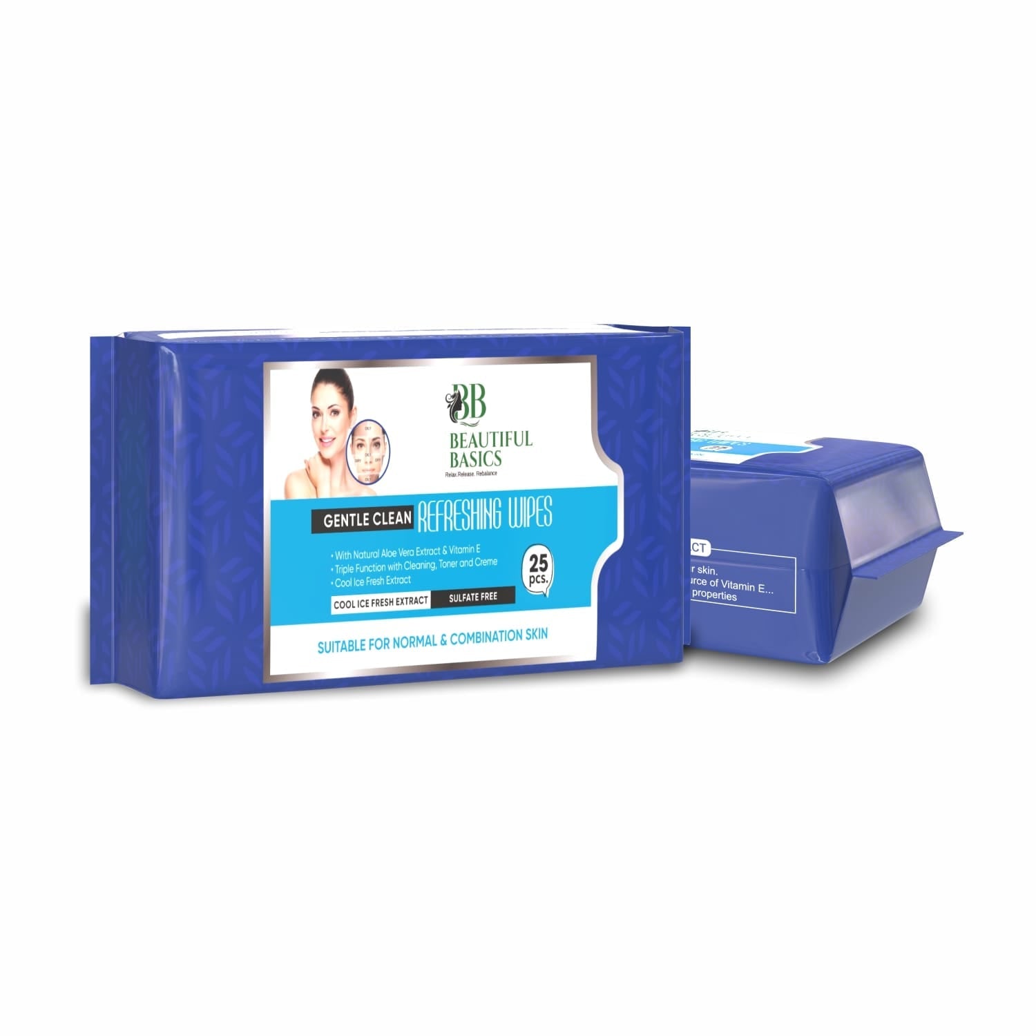 Packaging of Beautiful Basics BalanceGlow face wipes, highlighting pH balance.