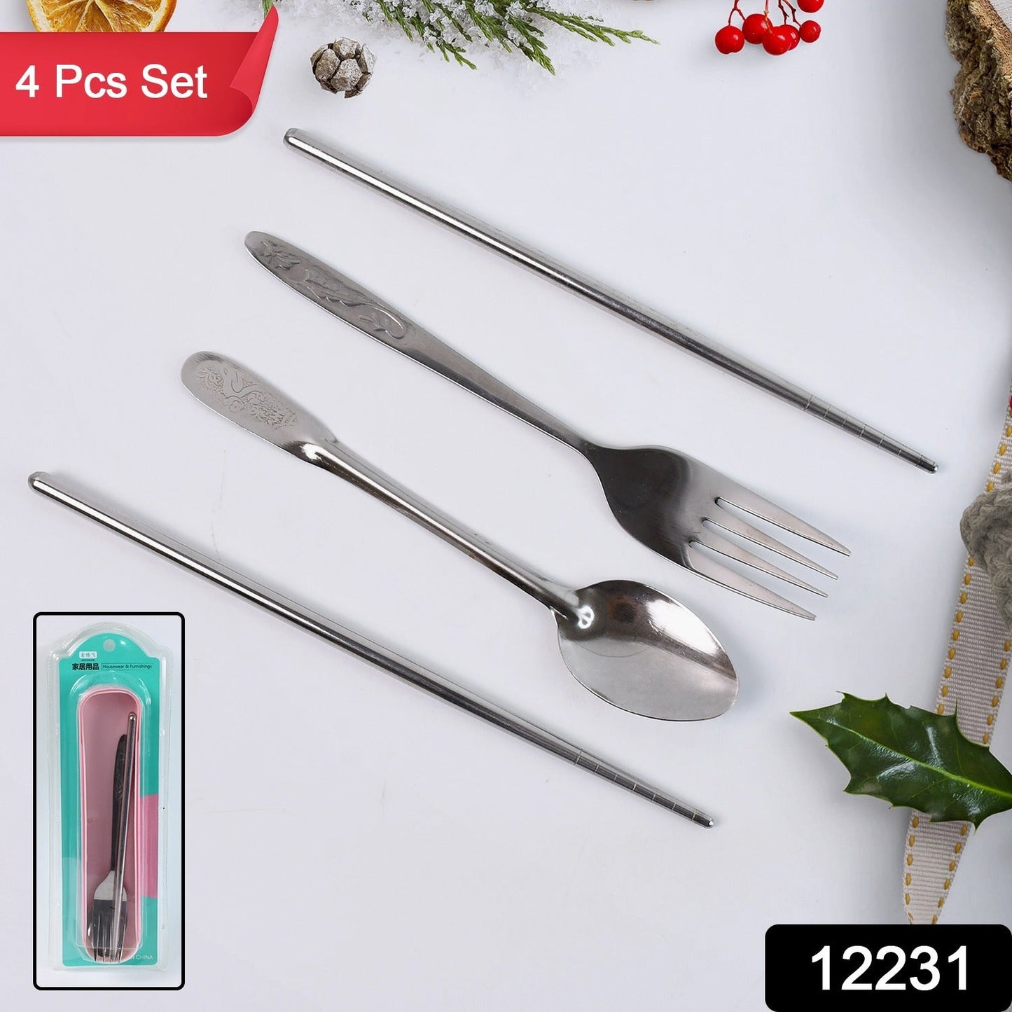 Open portable stainless steel cutlery set showing fork, spoon, chopsticks, and travel case
