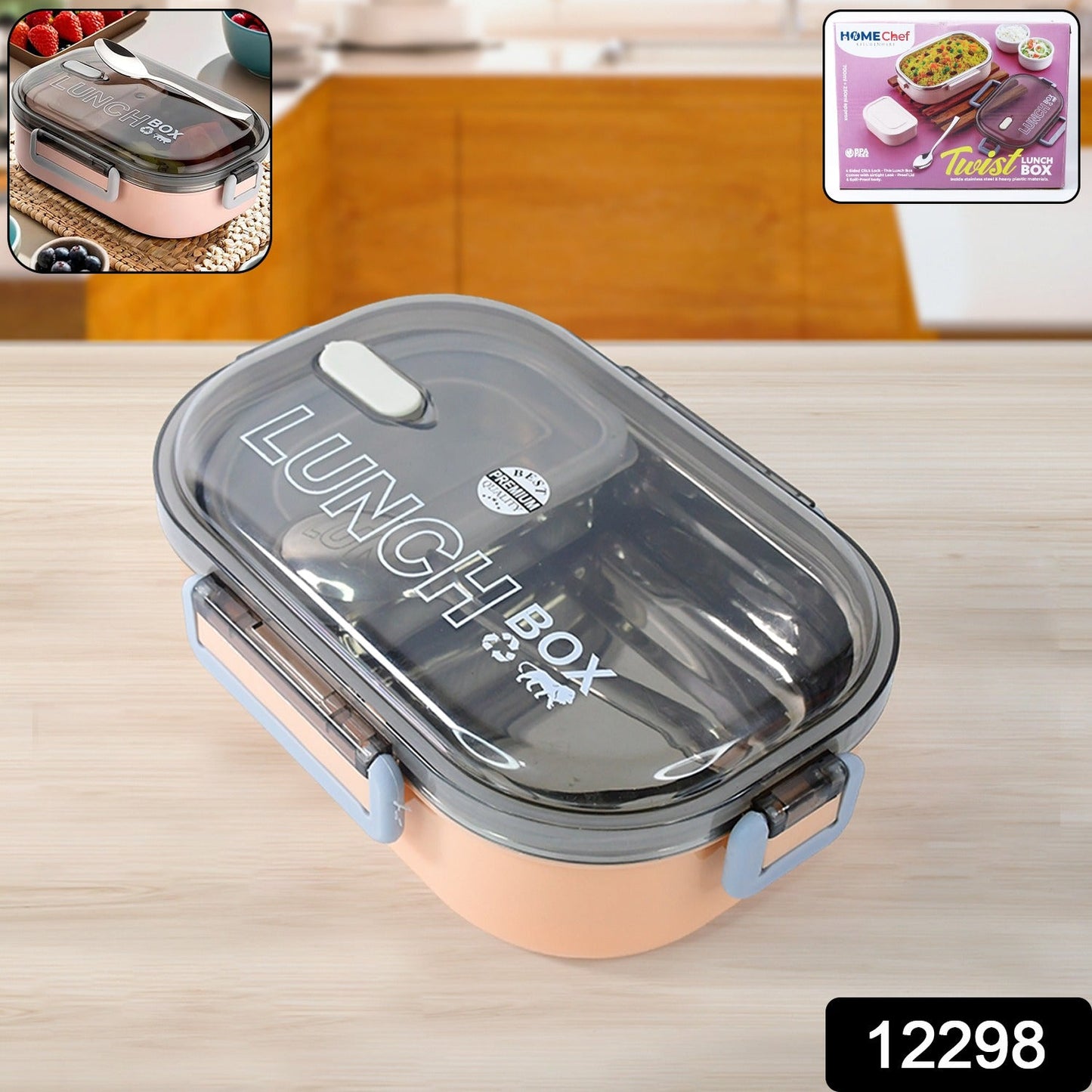 Leak-proof lunch box front view with secure locking clips