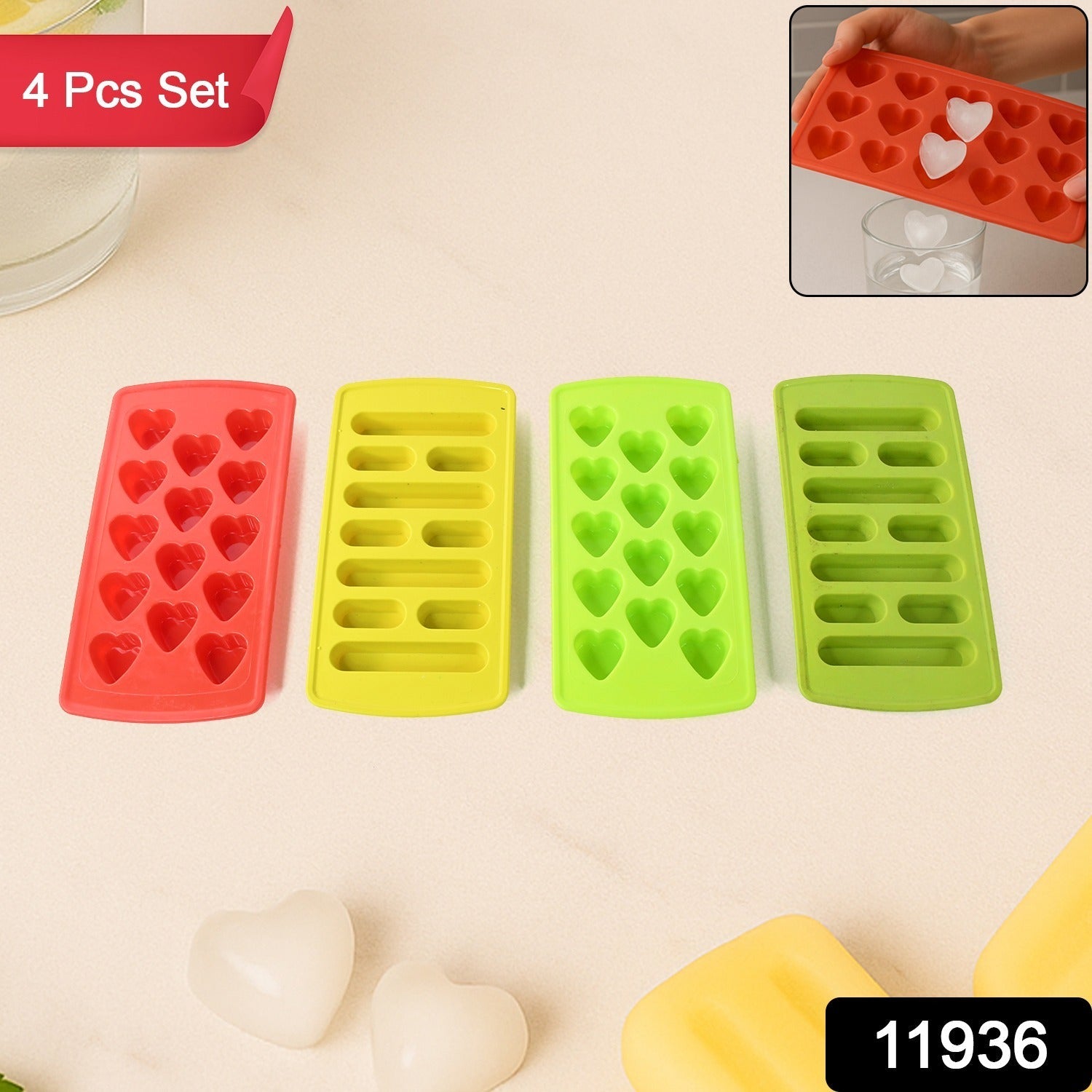 Assorted colors of quick-freeze plastic ice cube trays with fun heart and stick shapes