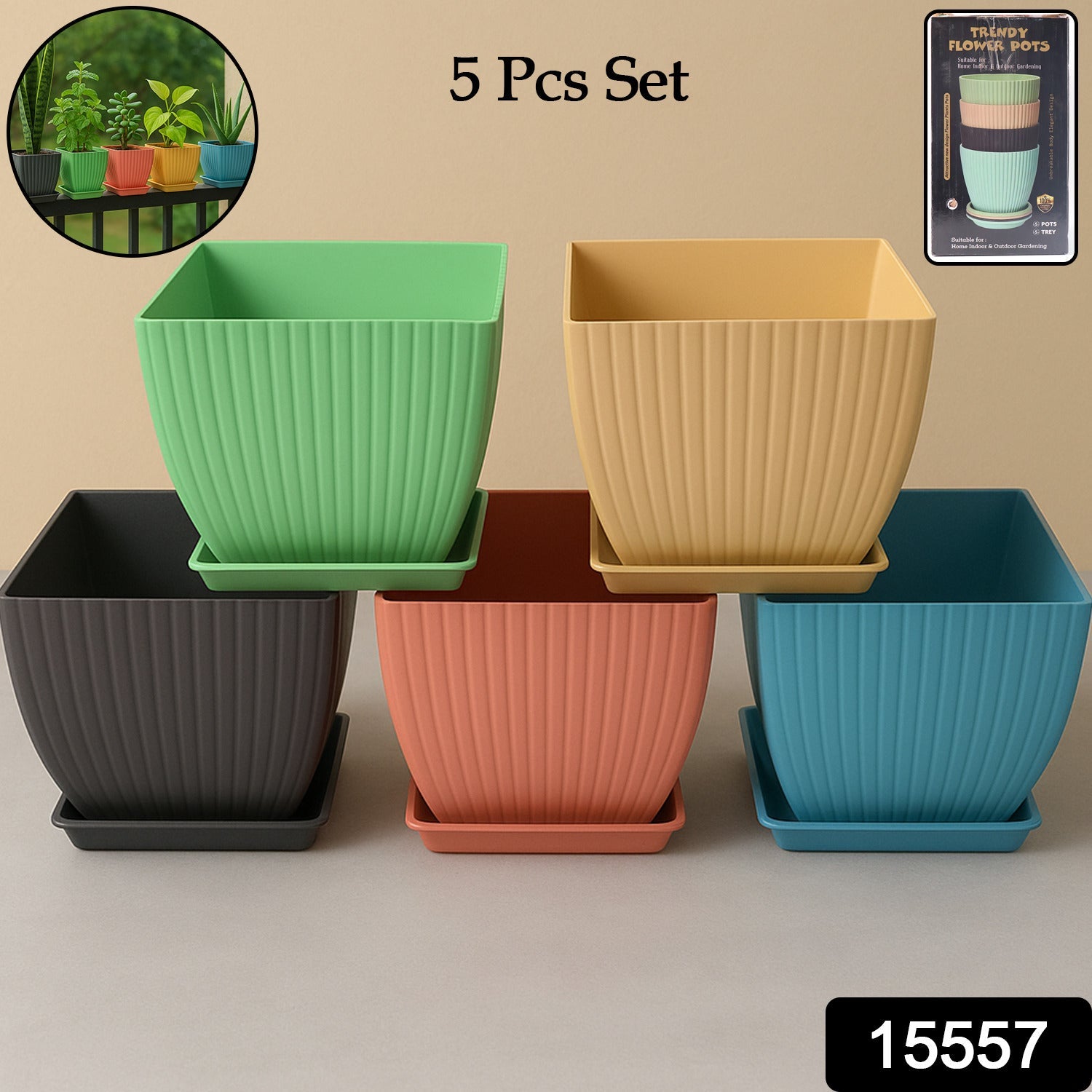 Stylish modern square plastic plant pots with vertical ribbed texture for balcony or patio