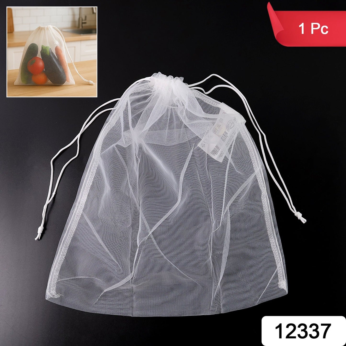 Close-up view of drawstring closure on reusable mesh storage sack