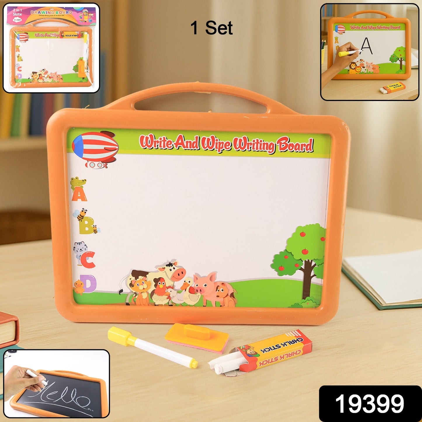 2-in-1 reversible drawing and writing board with marker and chalk set for children