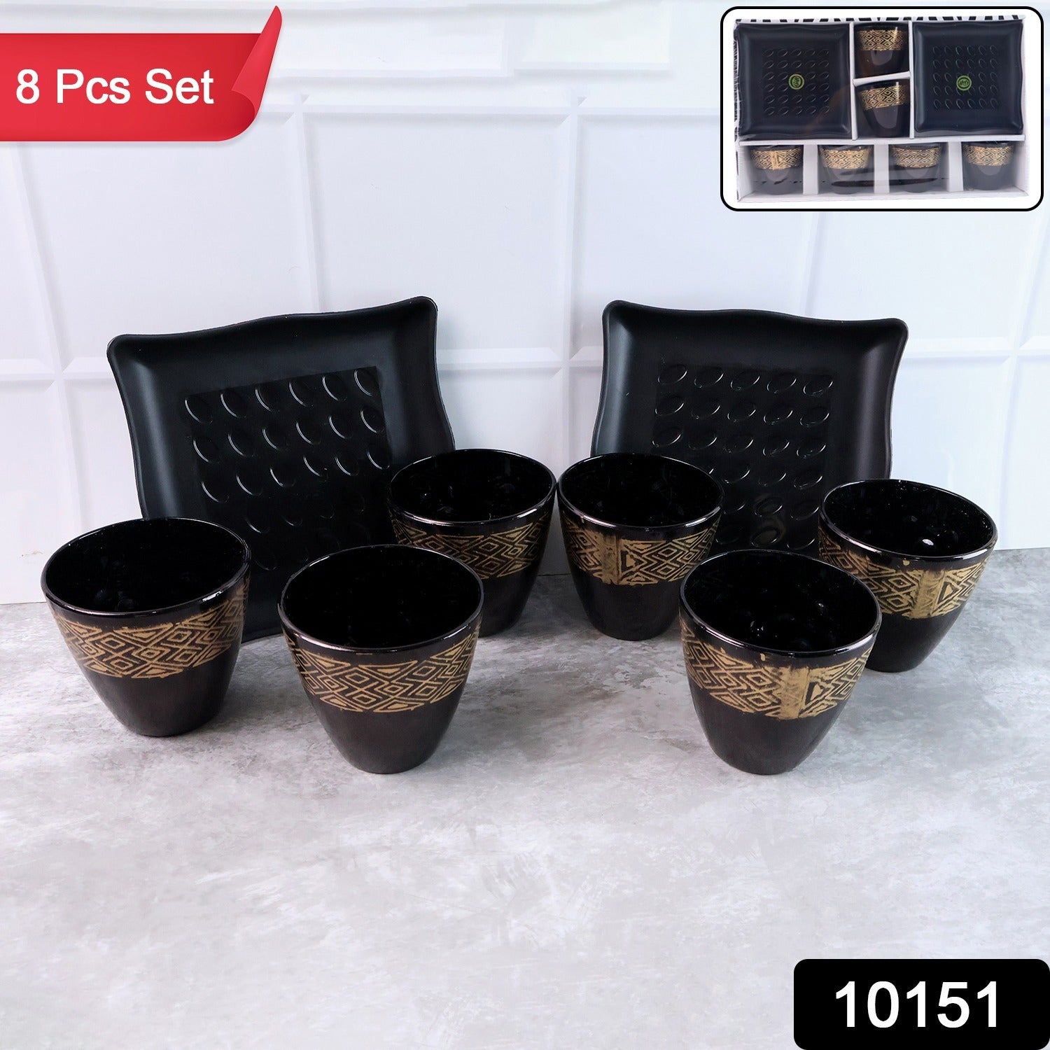Side view of the Indo Glow ceramic cups and bowls, showcasing their glossy finish.
