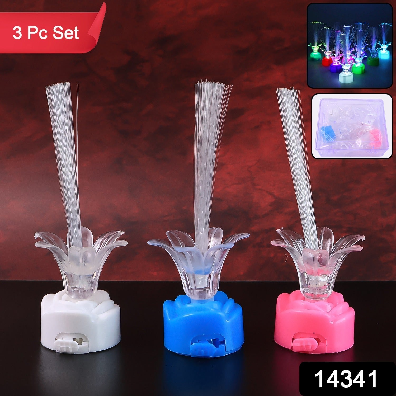 Close-up of fiber optic flower lamp glowing in changing LED colors