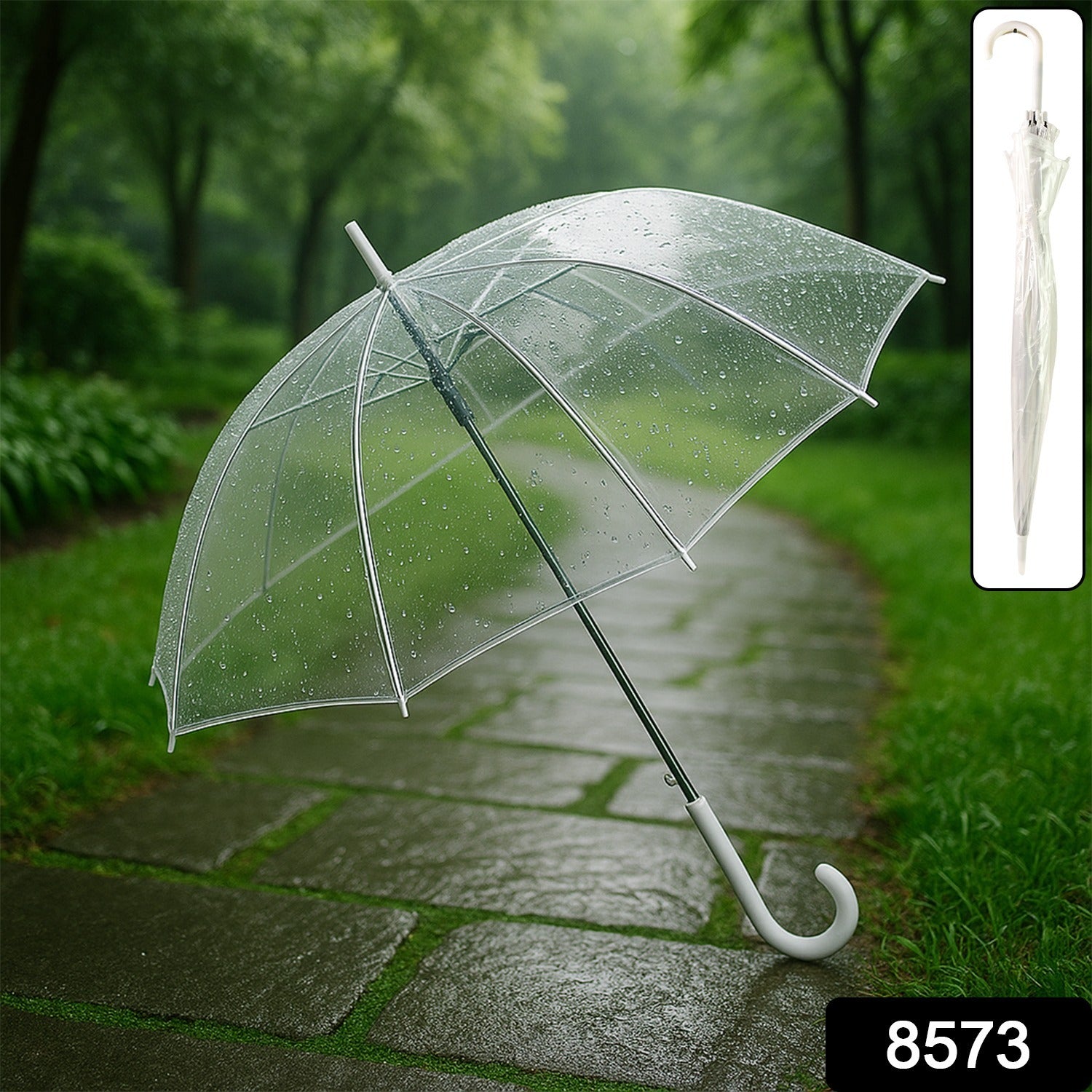 Clear transparent dome umbrella in use on a rainy street with full visibility