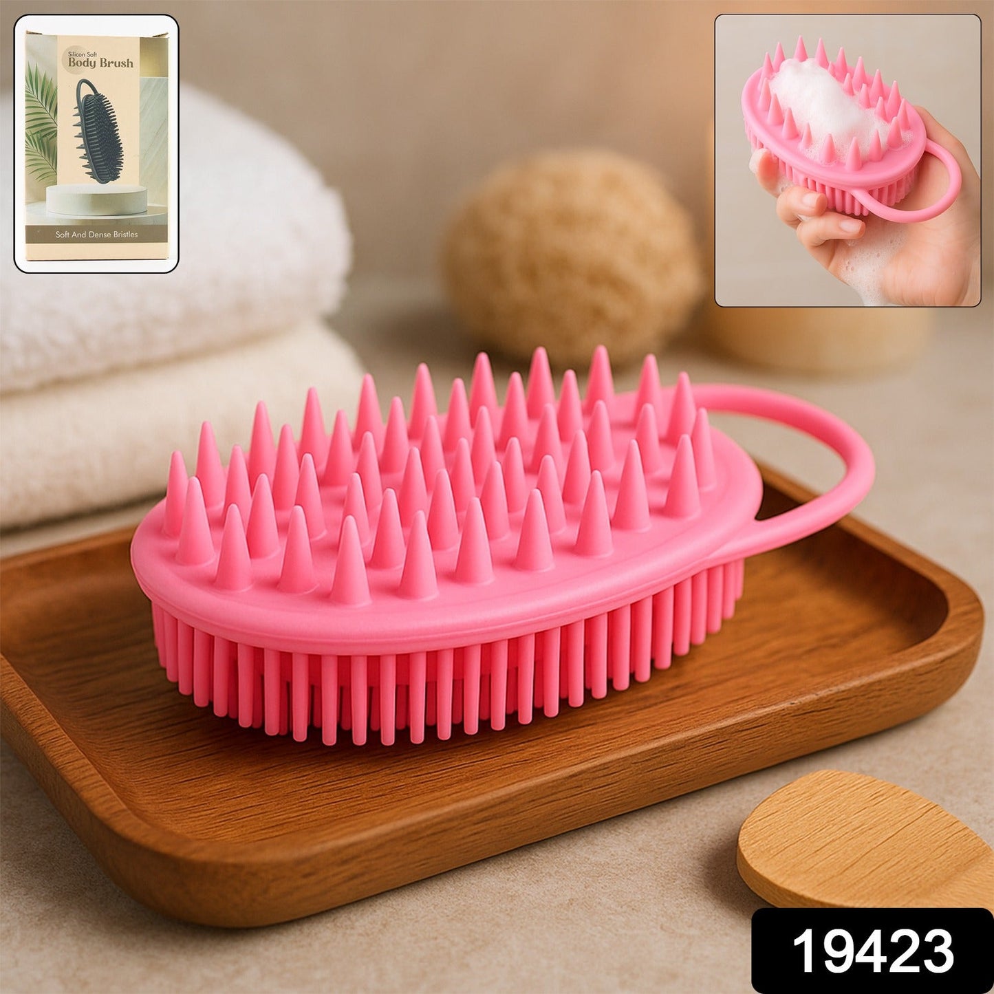 Close-up of soft silicone bristles on bath brush for gentle exfoliation