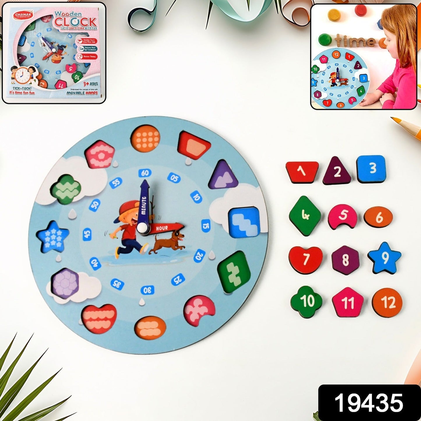 Close-up of wooden educational clock for kids with bright number blocks