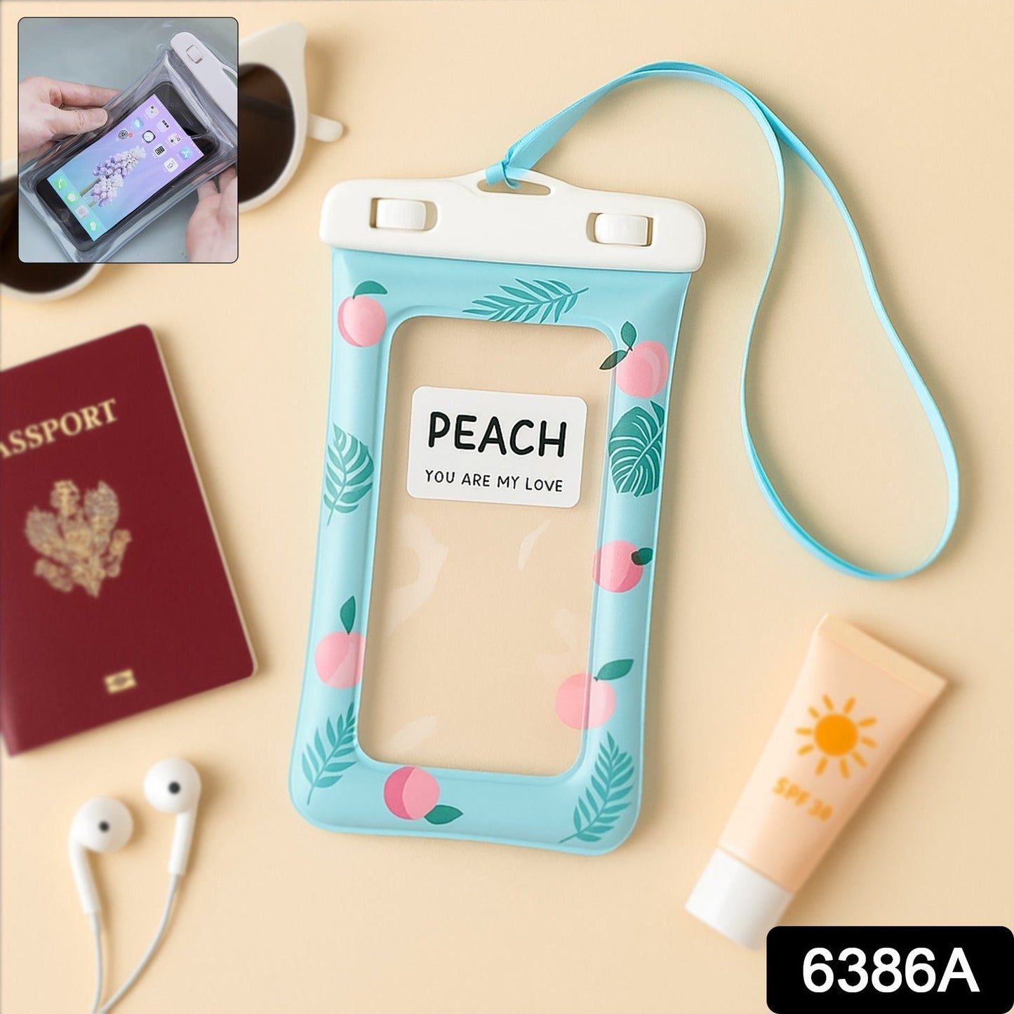 Peach color waterproof phone pouch featuring tropical leaves pattern for outdoor protection