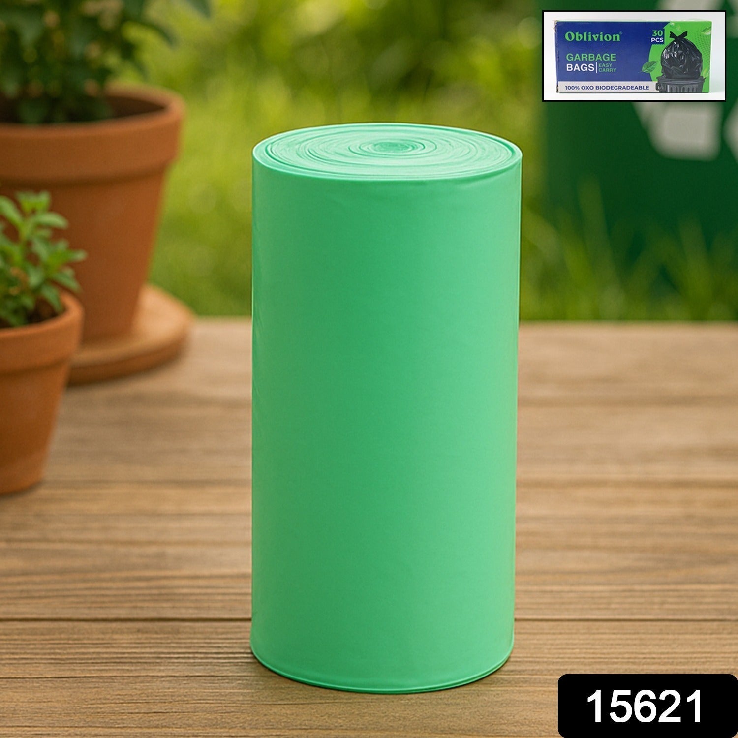 Eco-friendly compostable green corn starch dustbin bags for clean waste disposal.