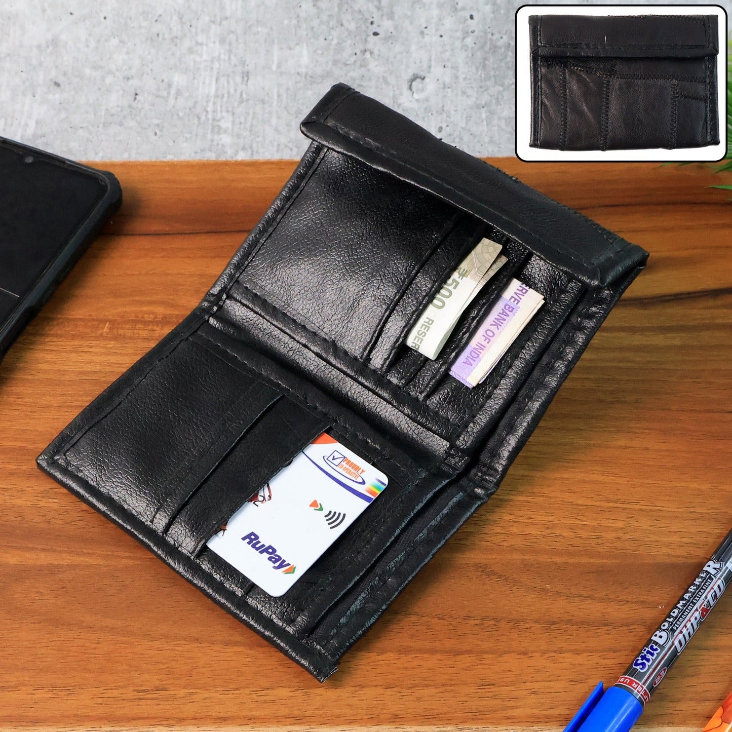 Front view of genuine leather slim bi-fold wallet showing smooth craftsmanship