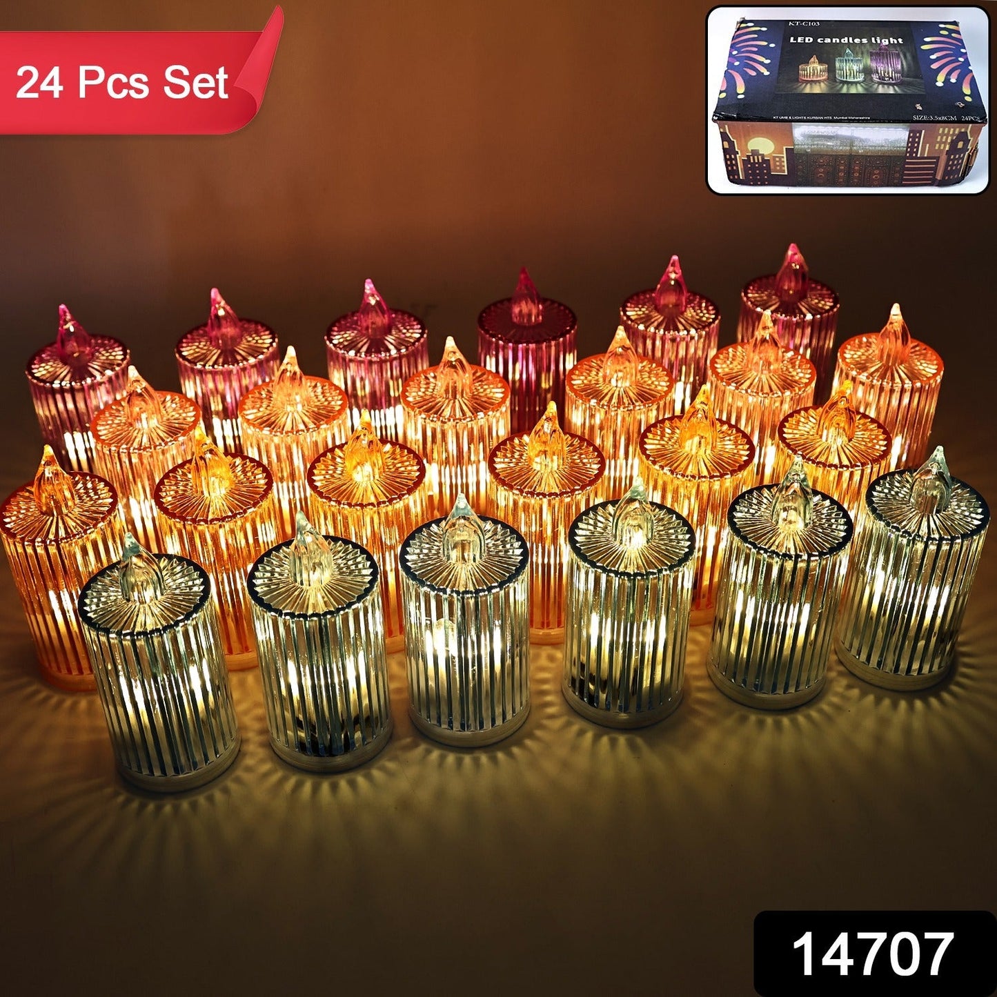 Tea light style LED flameless candle set glowing warmly