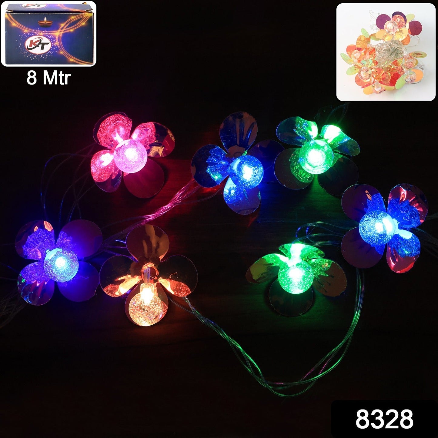 Colorful flower LED string lights decorating a home balcony