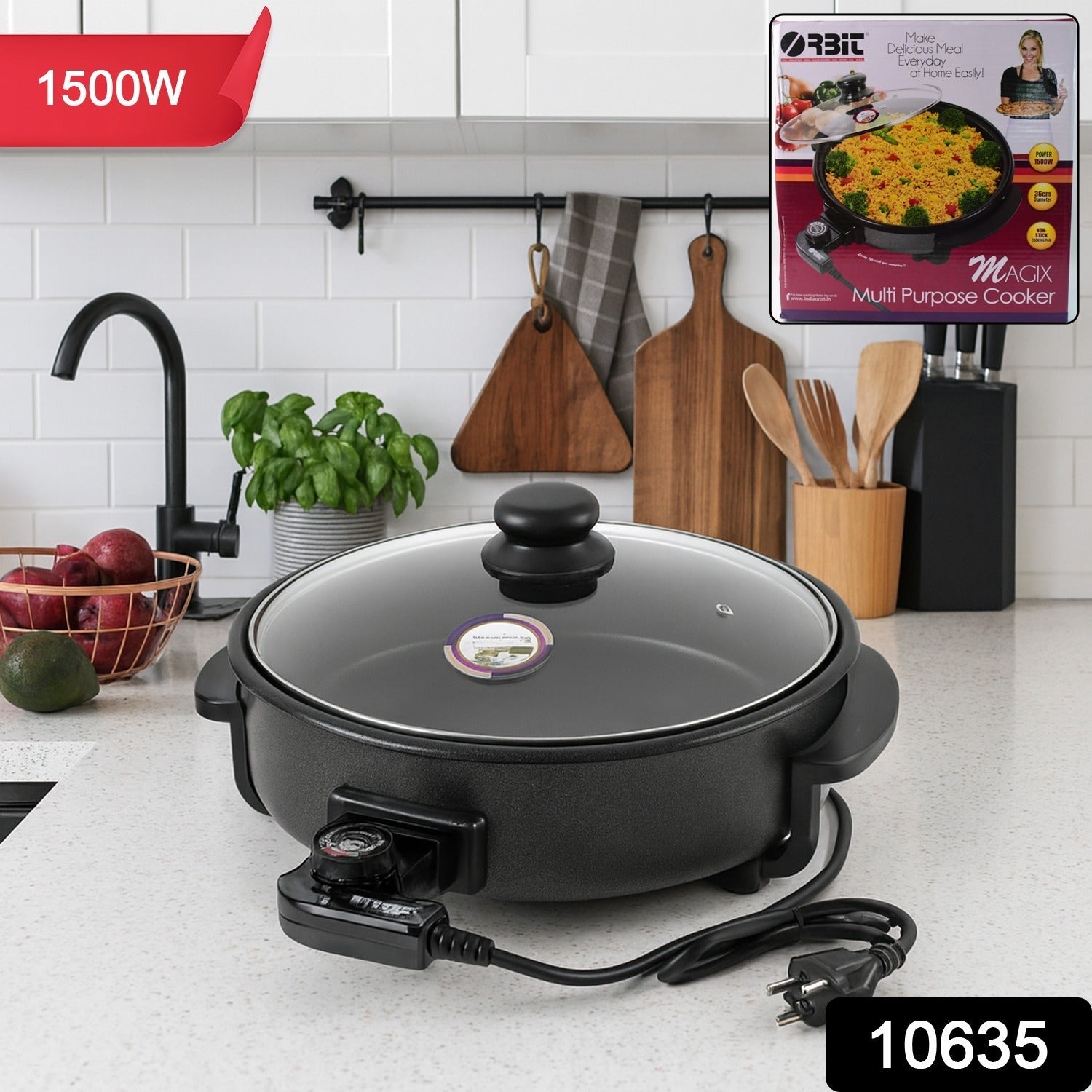 Orbit electric multi-purpose cooker showing compact design and heat-resistant handles