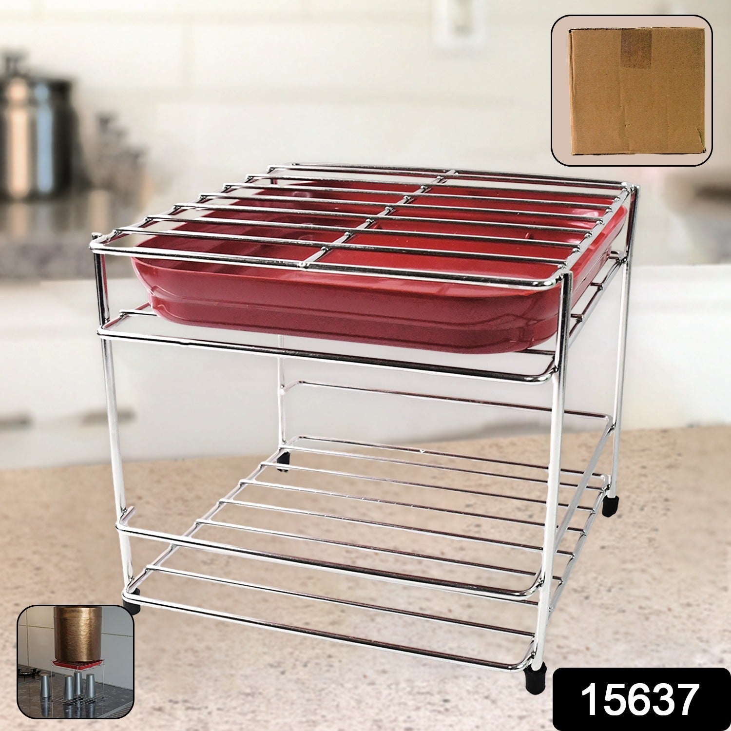 Two-tier stainless steel kitchen organizer rack for utensils and plates