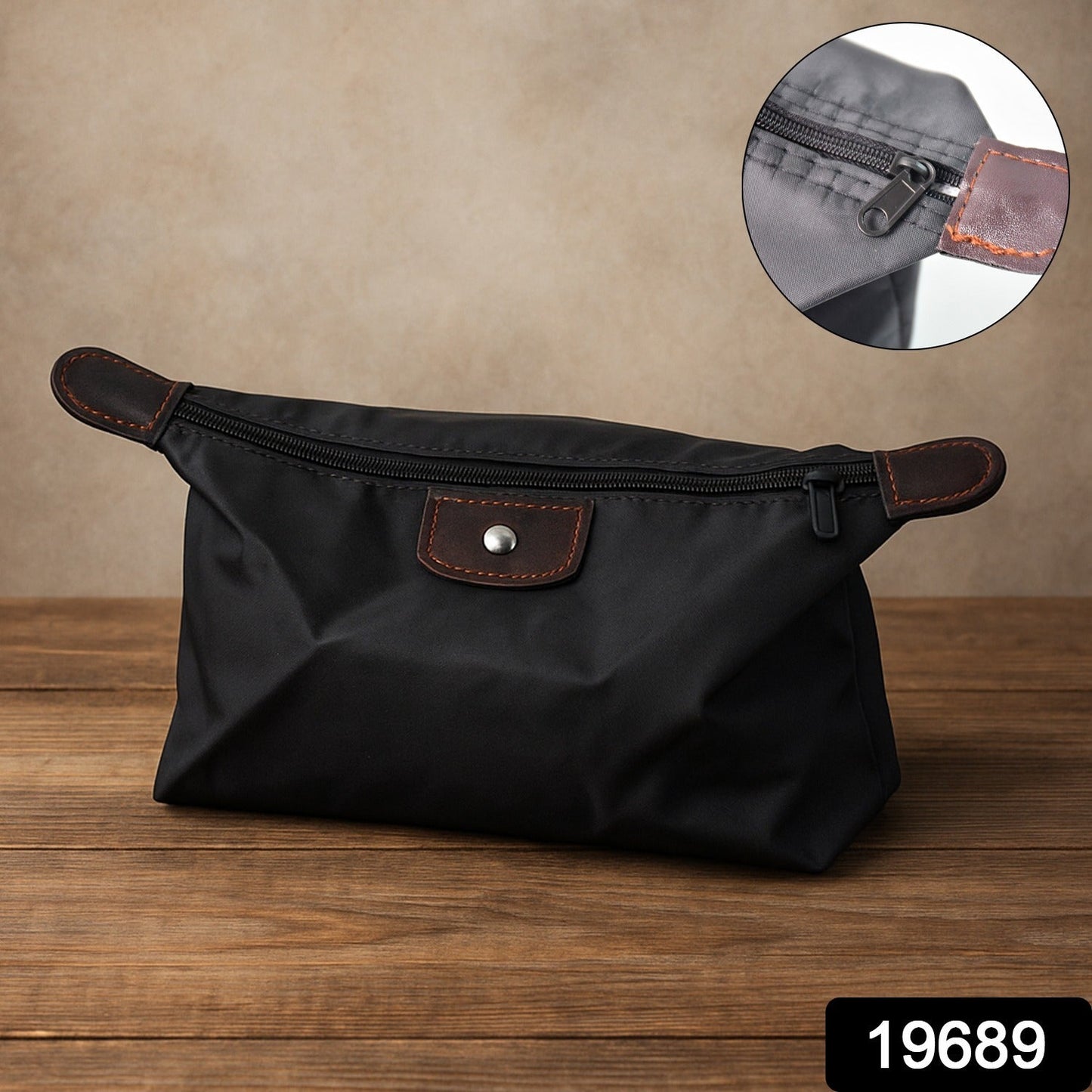 Waterproof multipurpose travel organizer pouch in black with brown detailing