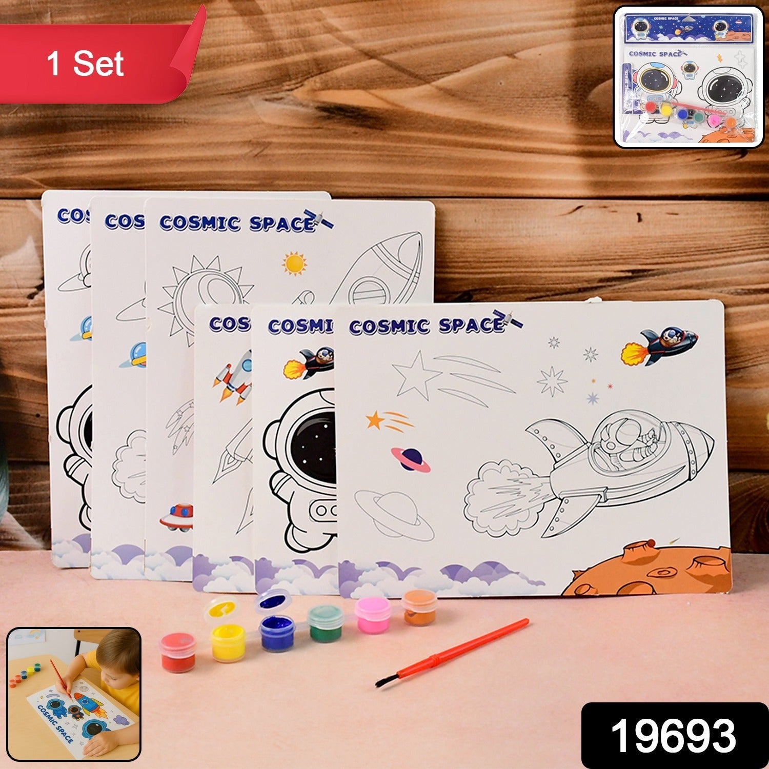 Close-up of cosmic space themed painting kit paints and brushes for kids creative art
