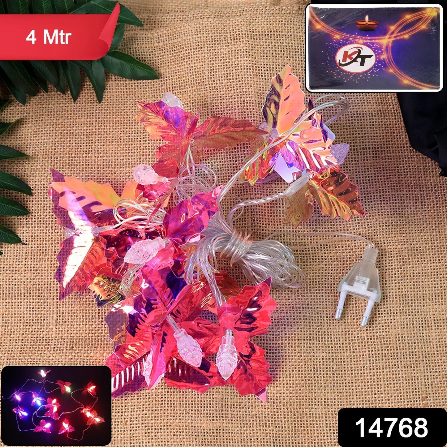 Close-up of decorative LED string lights featuring colorful leaf-shaped covers