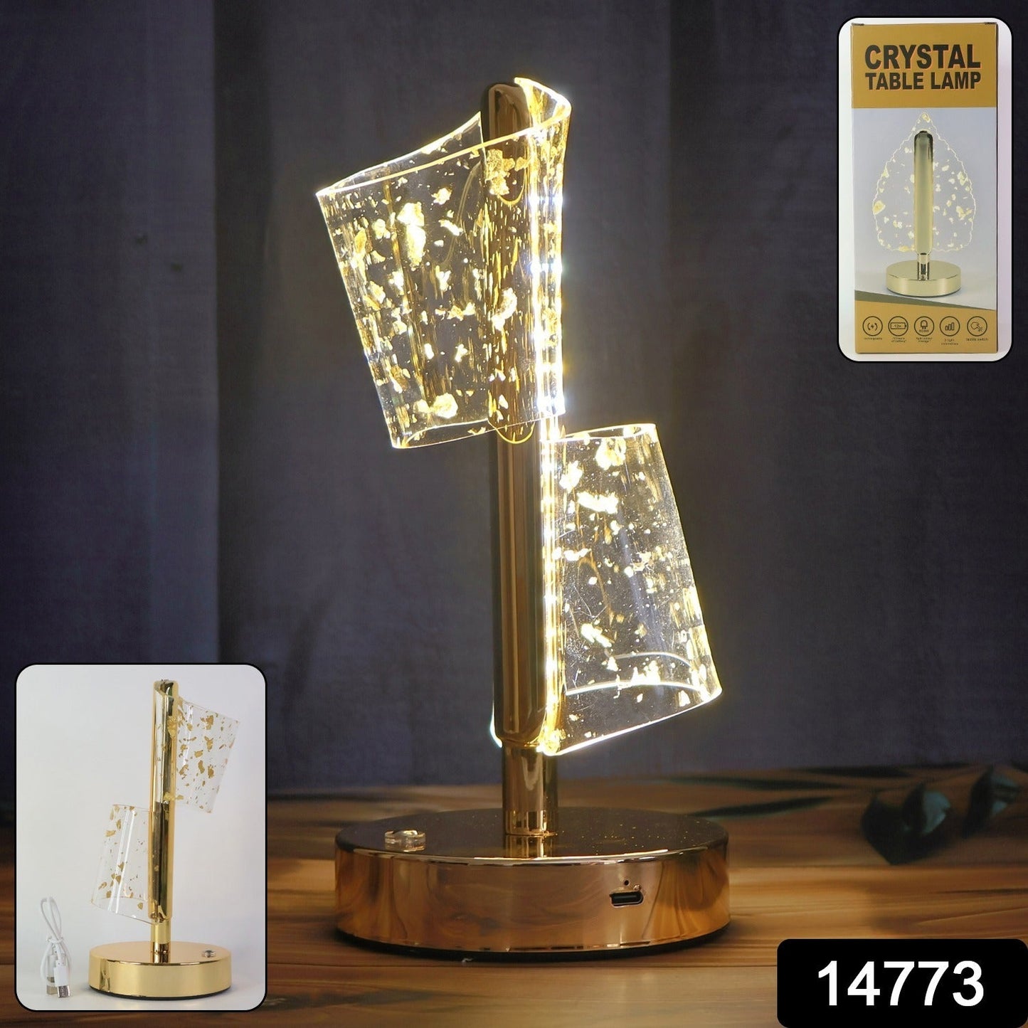 LED light golden lamp with crystal-effect dual shades and USB charging port