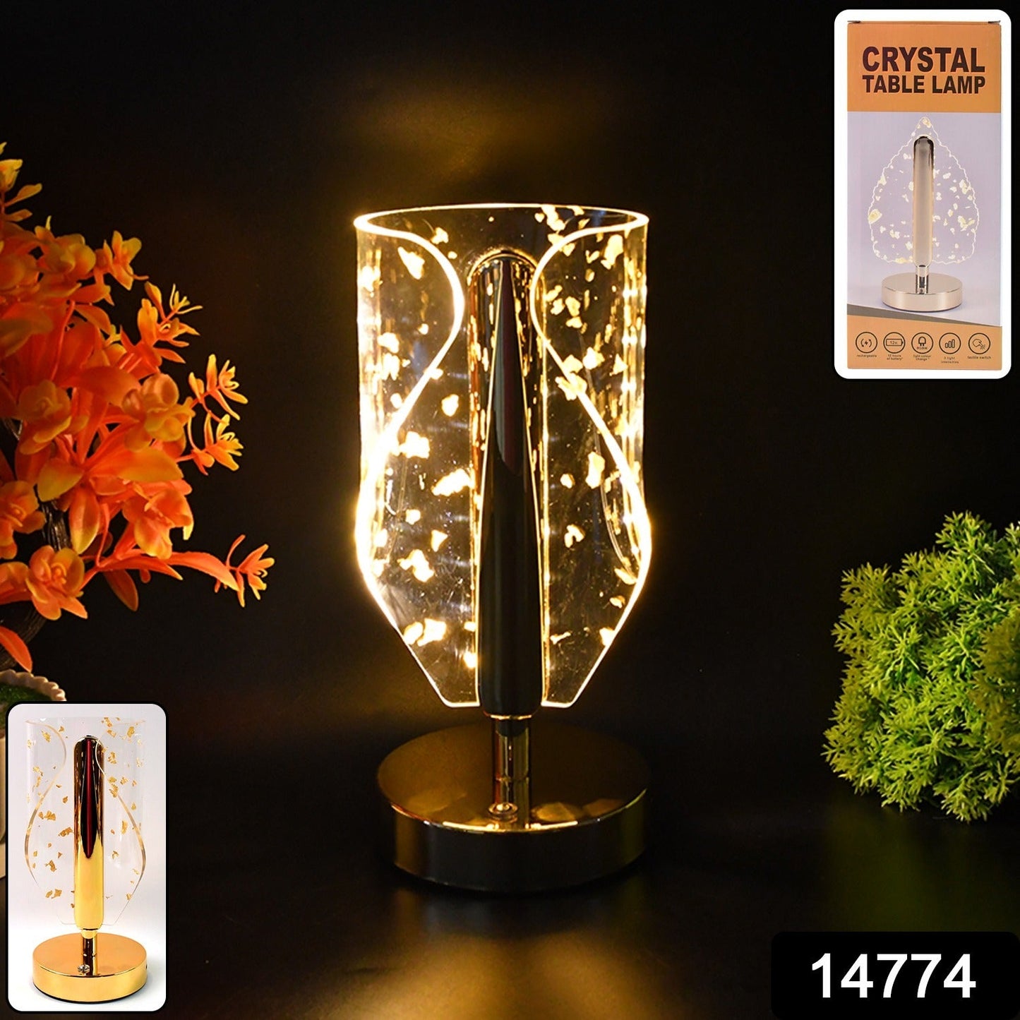 Golden leaf decorative crystal lamp illuminating bedroom table softly