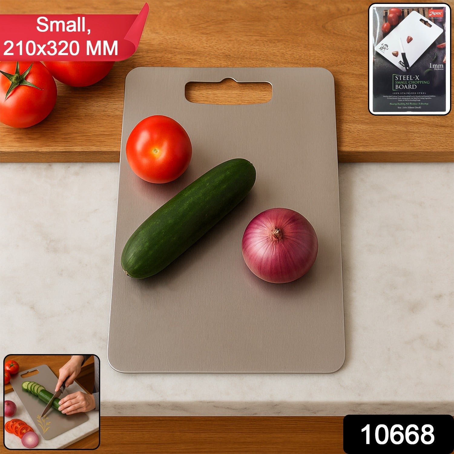 Close-up view of stainless steel cutting board with handle for daily kitchen use