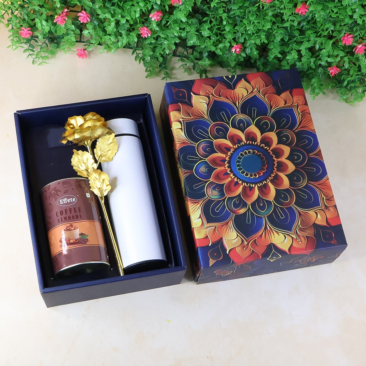 Coffee Almonds Gift Hamper with elegant golden rose and stainless steel bottle in luxury box