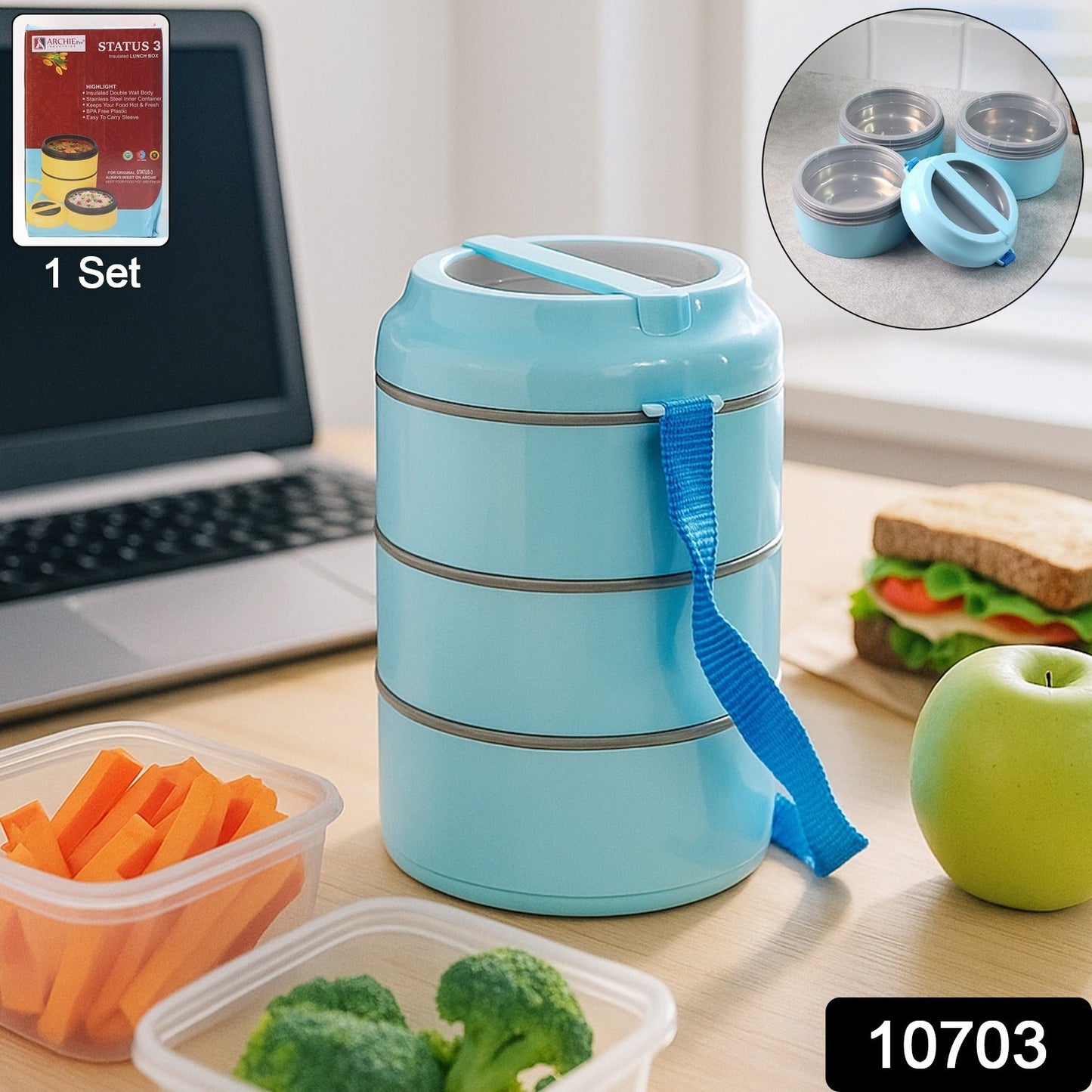 Insulated lunch box set with handle and detachable strap for easy carrying