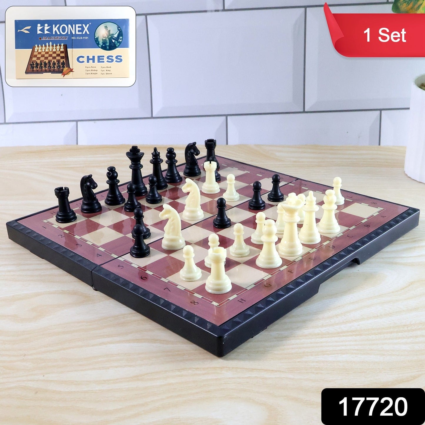Foldable magnetic chess board game set laid out for play