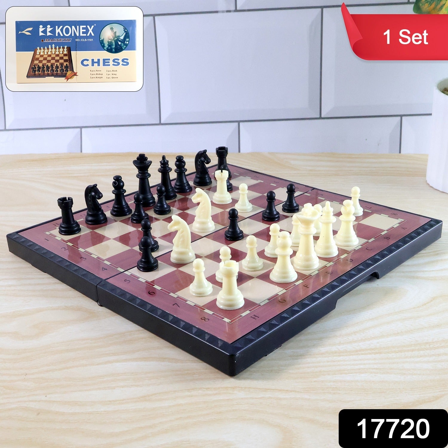 Foldable magnetic chess board game set laid out for play