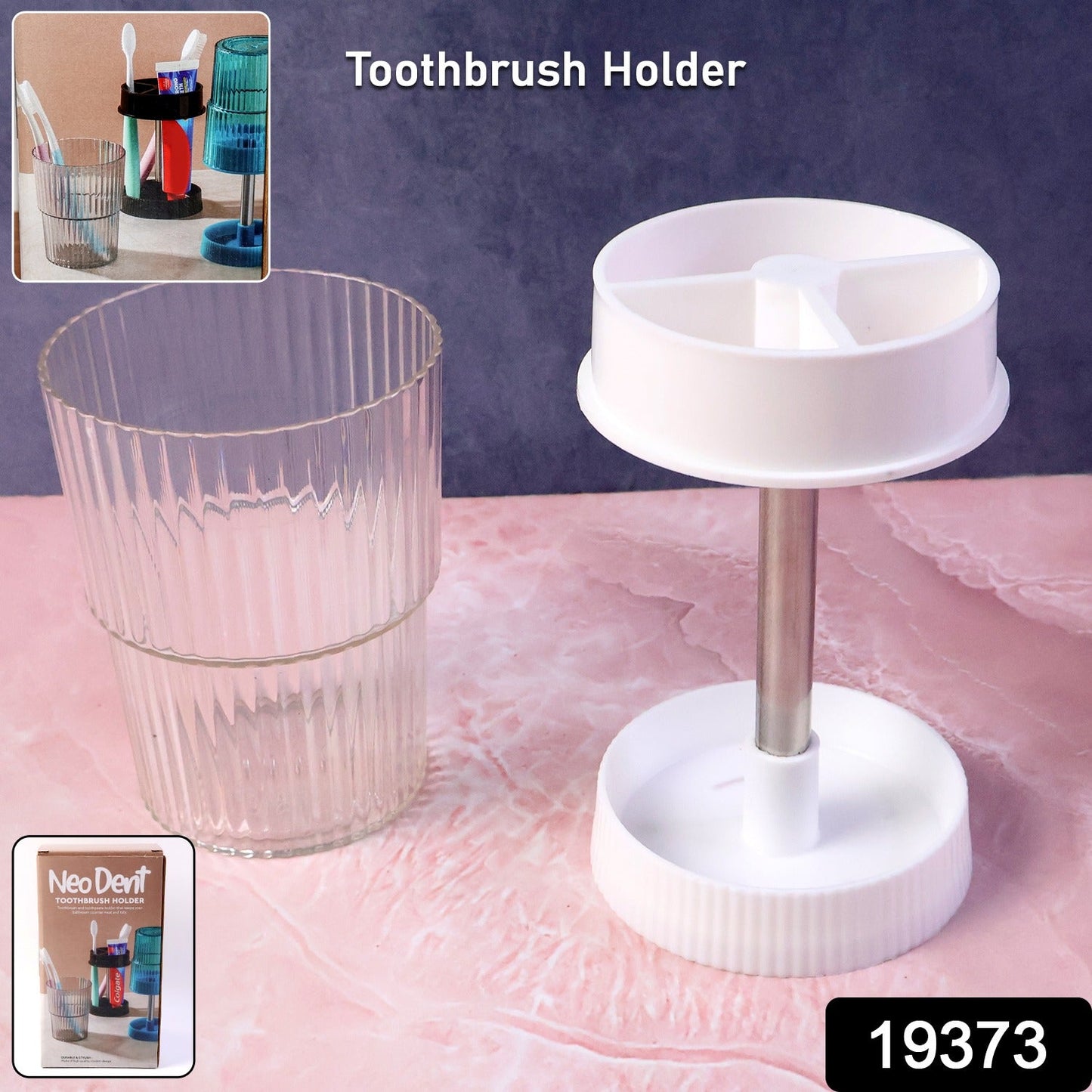 Rotating toothbrush holder placed on bathroom countertop showing smooth rotation feature