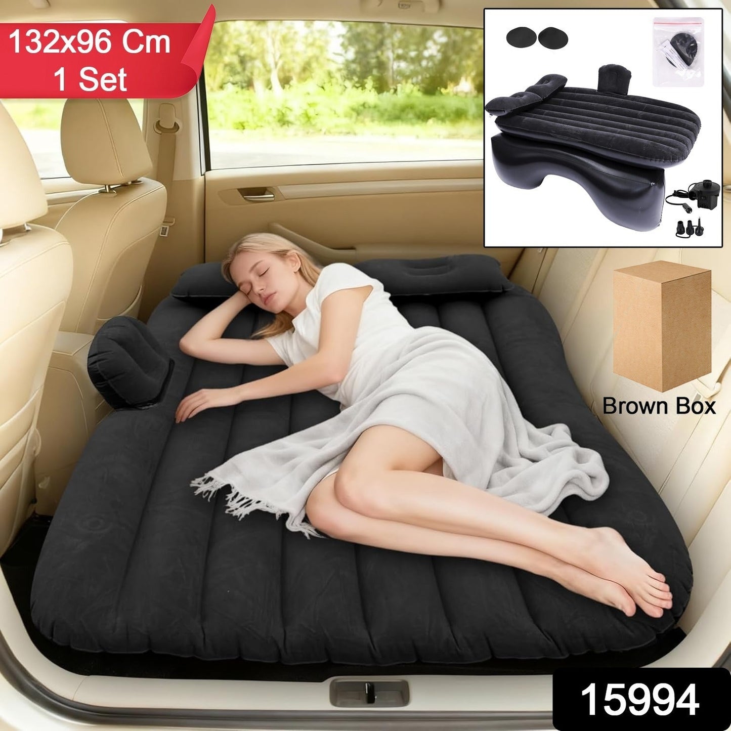 Inflatable travel car bed mattress with pillows inside SUV boot