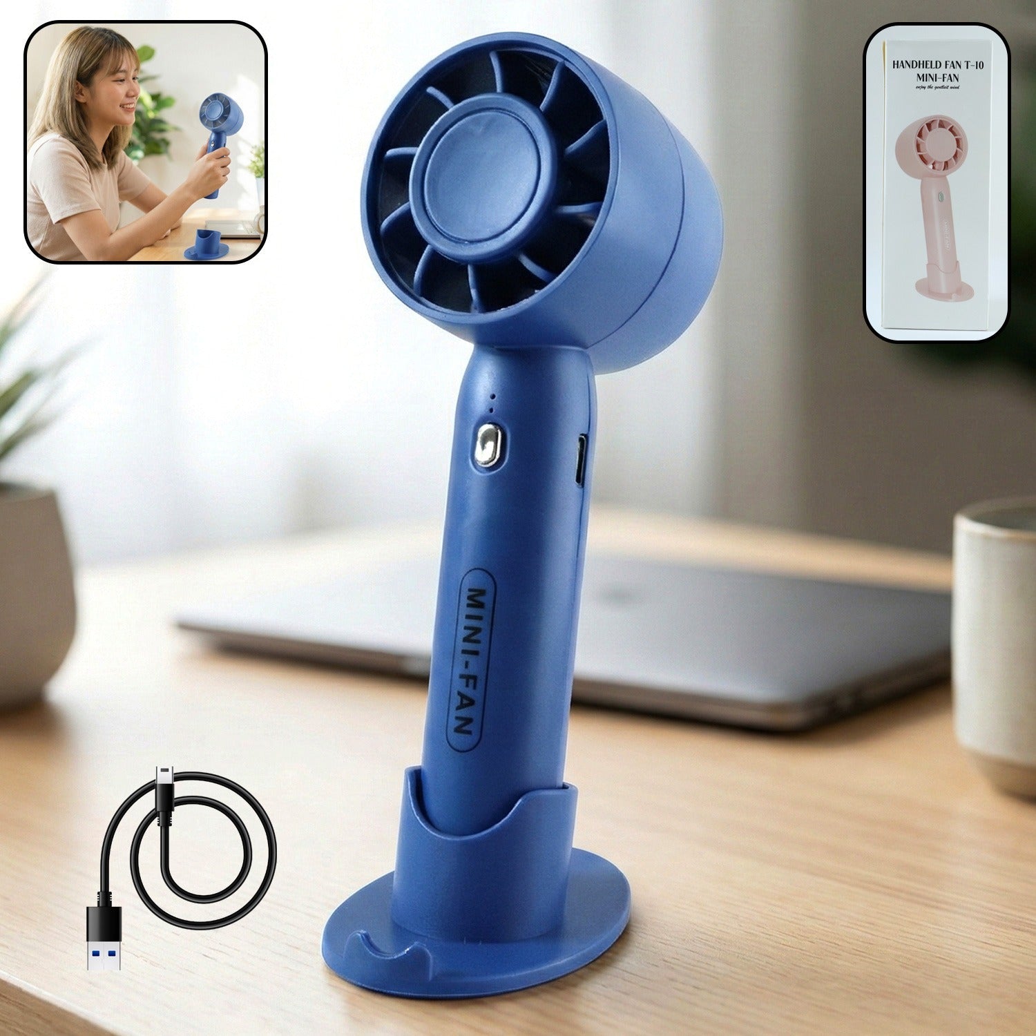 Portable rechargeable mini handheld fan with stable stand on table