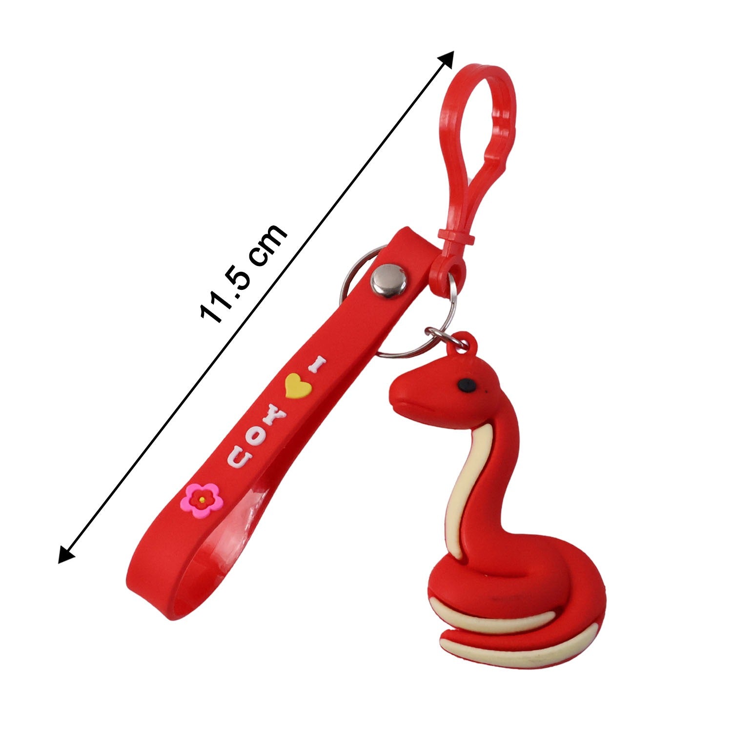 Cartoon snake keychain clipped to a backpack adding a fun accent